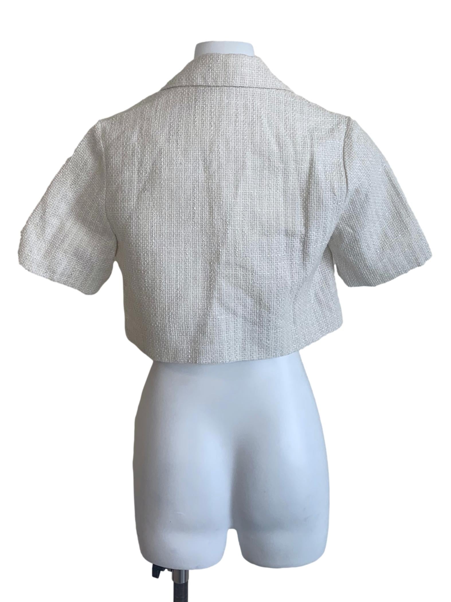 Alabaster White Tweed Cropped Button Up Top