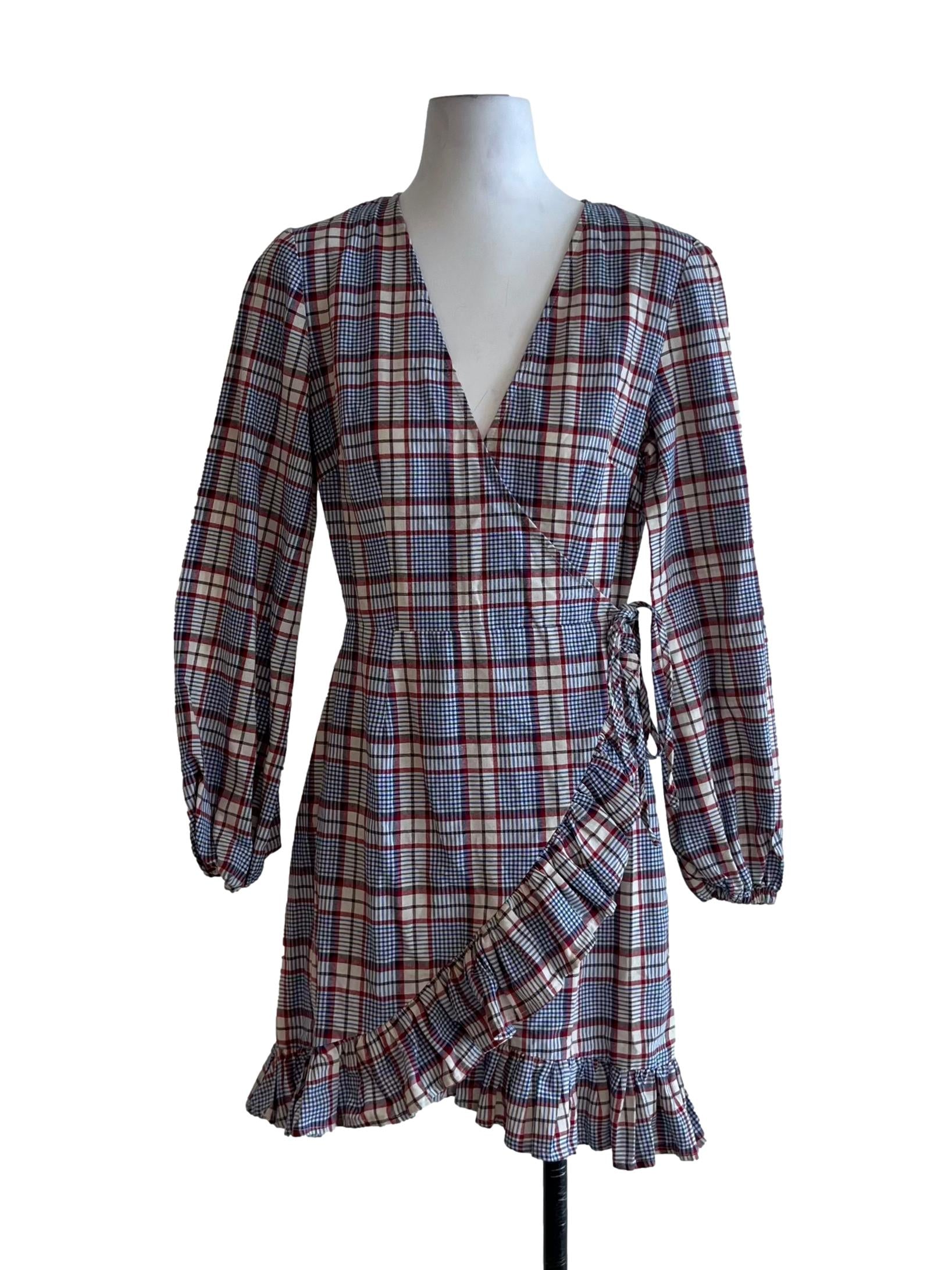 Beige Blue Tartan Wrap Dress