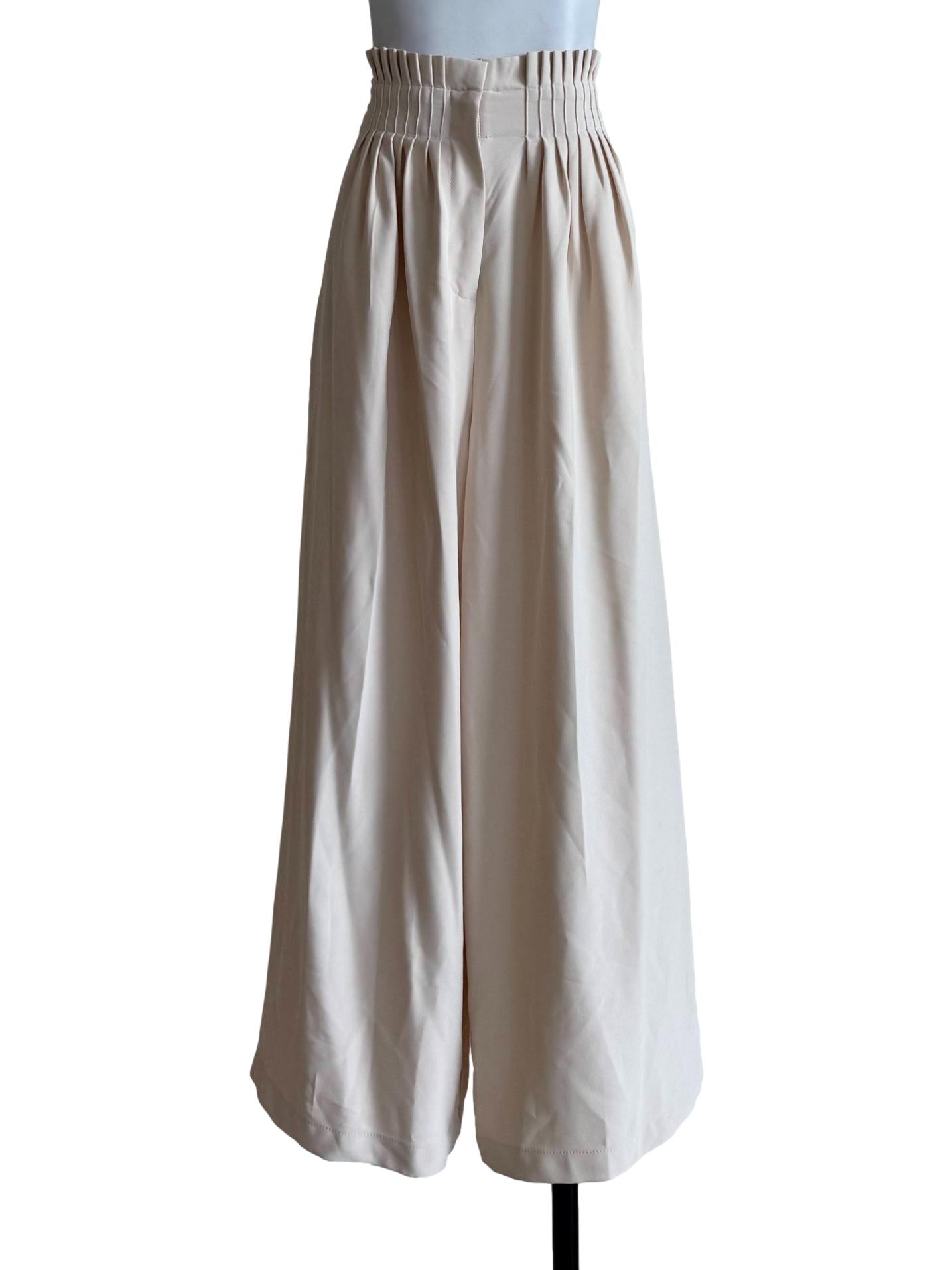 Beige Pleated Waist Wide Leg Pants