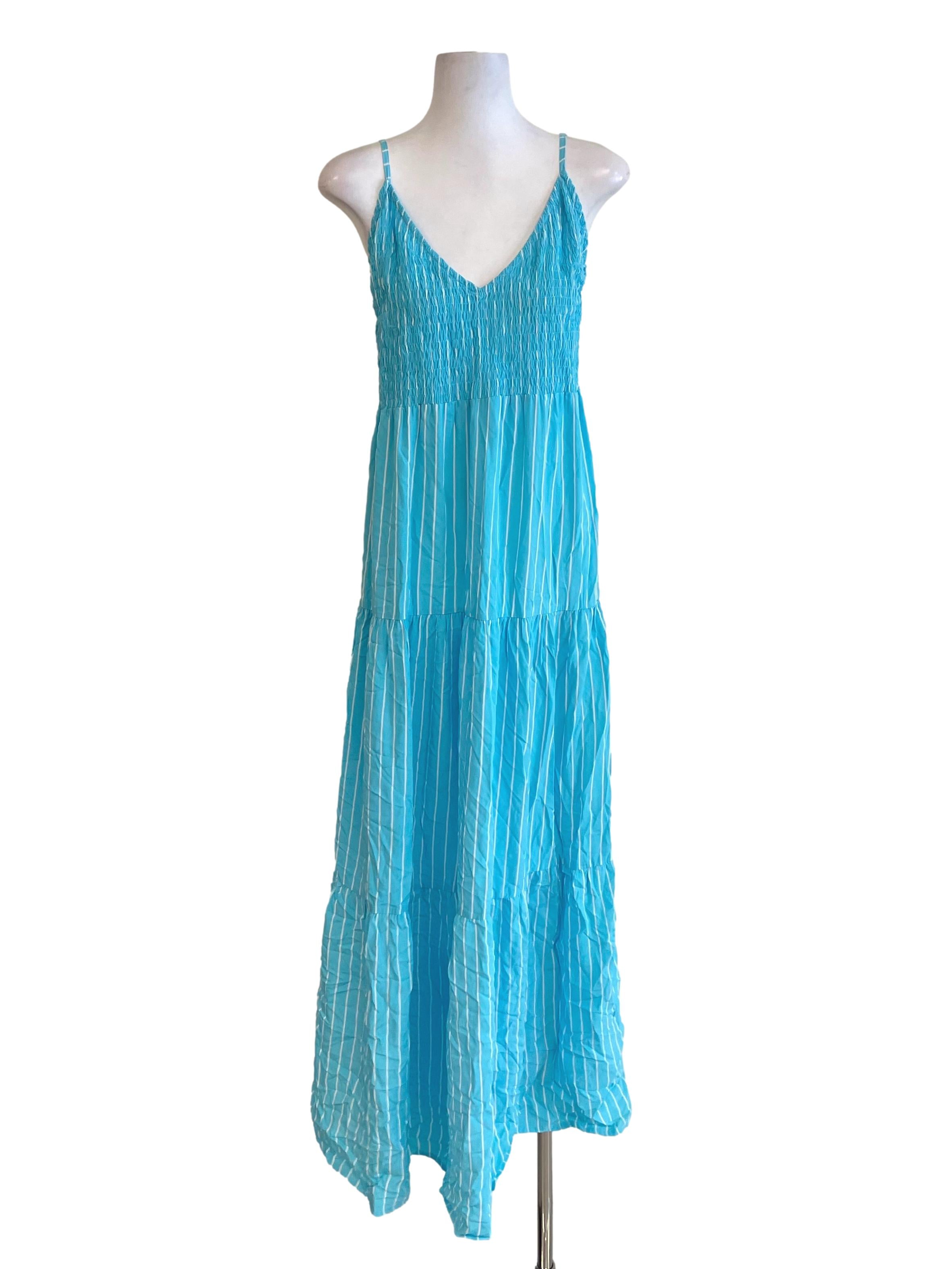 Frost Blue Shirred Candy Stripe Dress