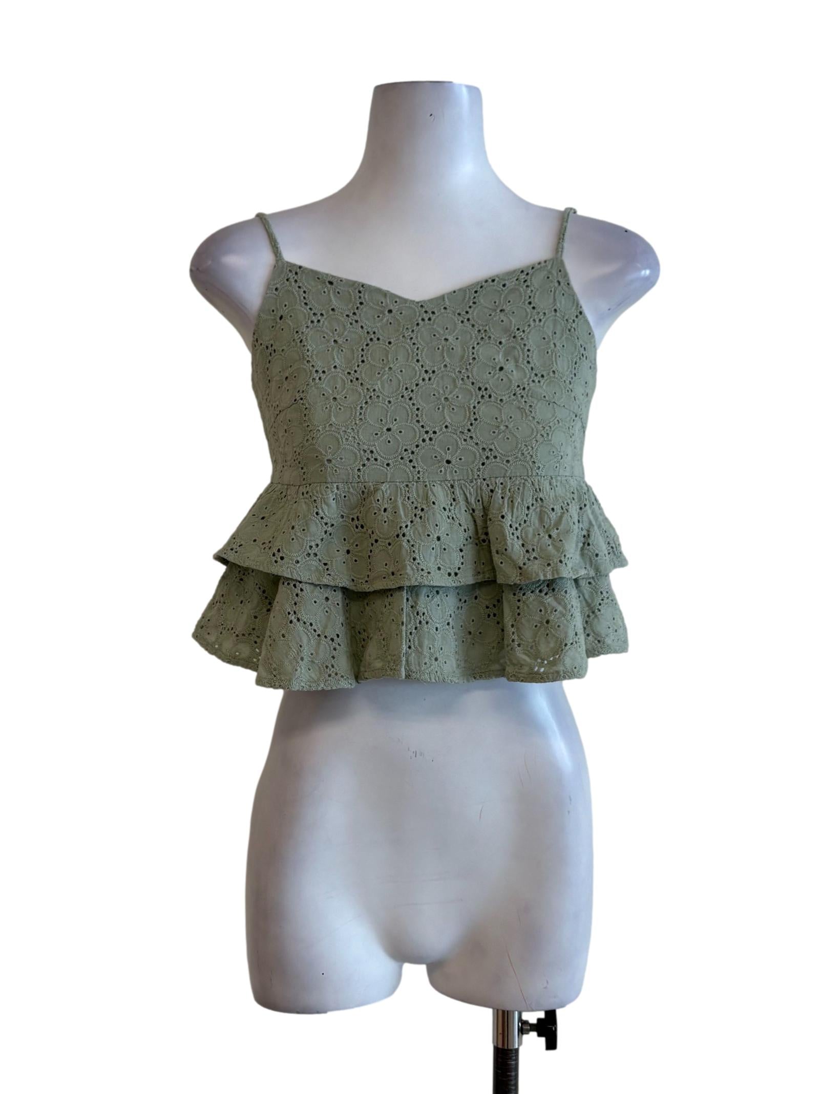 Sage Green Floral Eyelet Layered Peplum Top