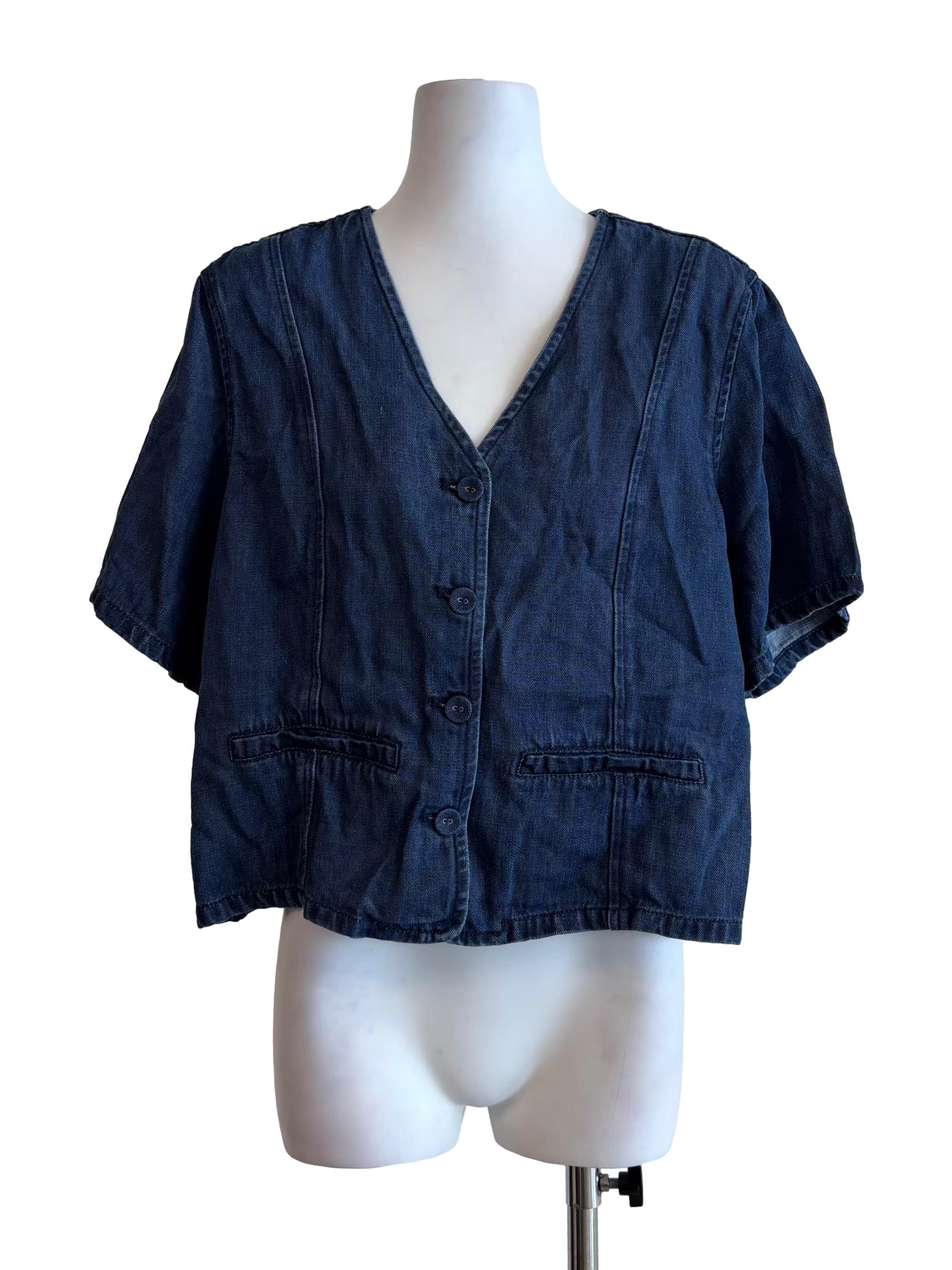 Dark Blue V-Neck Button Denim Top