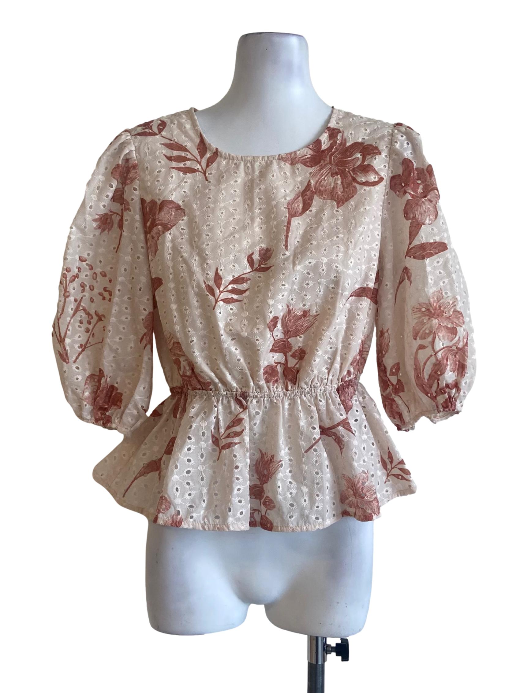 Rose Pink Floral Embroidery Pegged Waist Blouse
