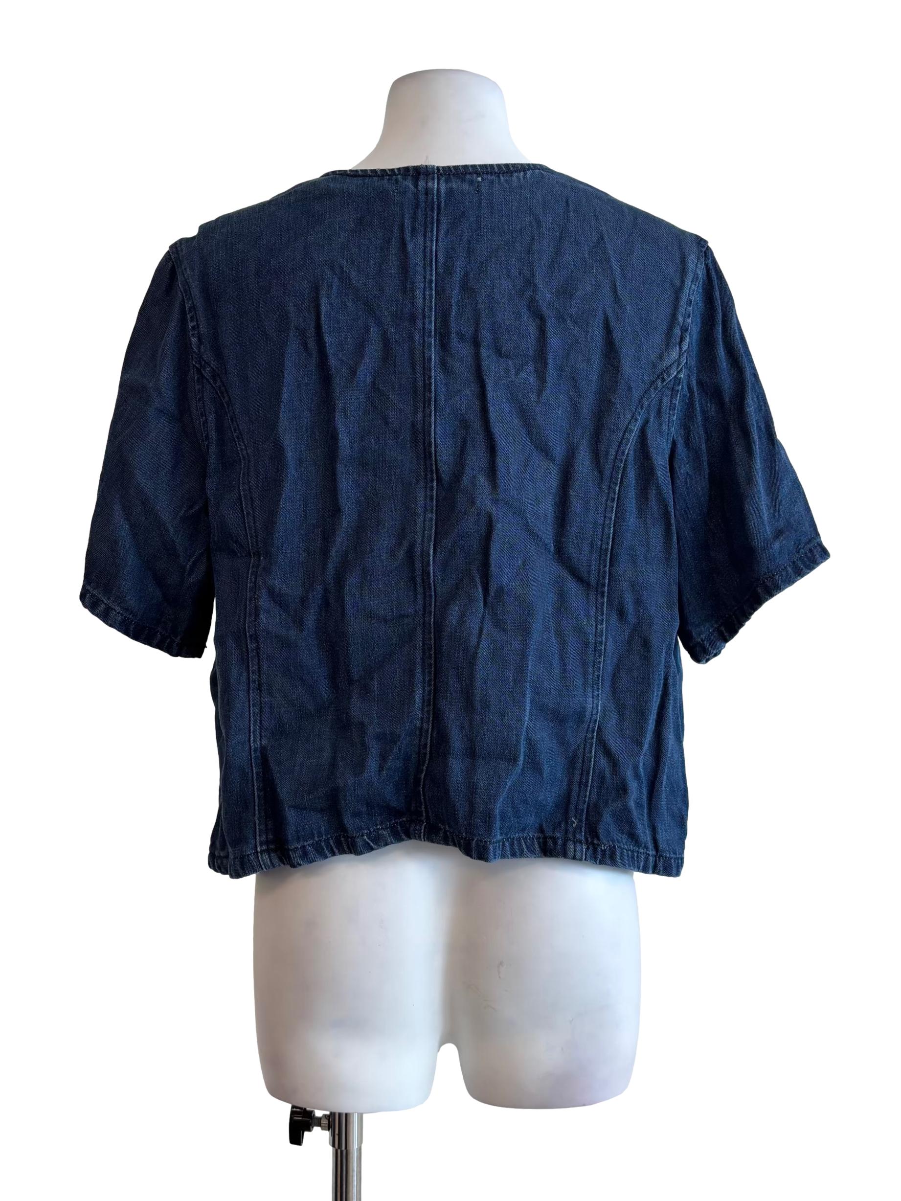 Dark Blue V-Neck Button Denim Top