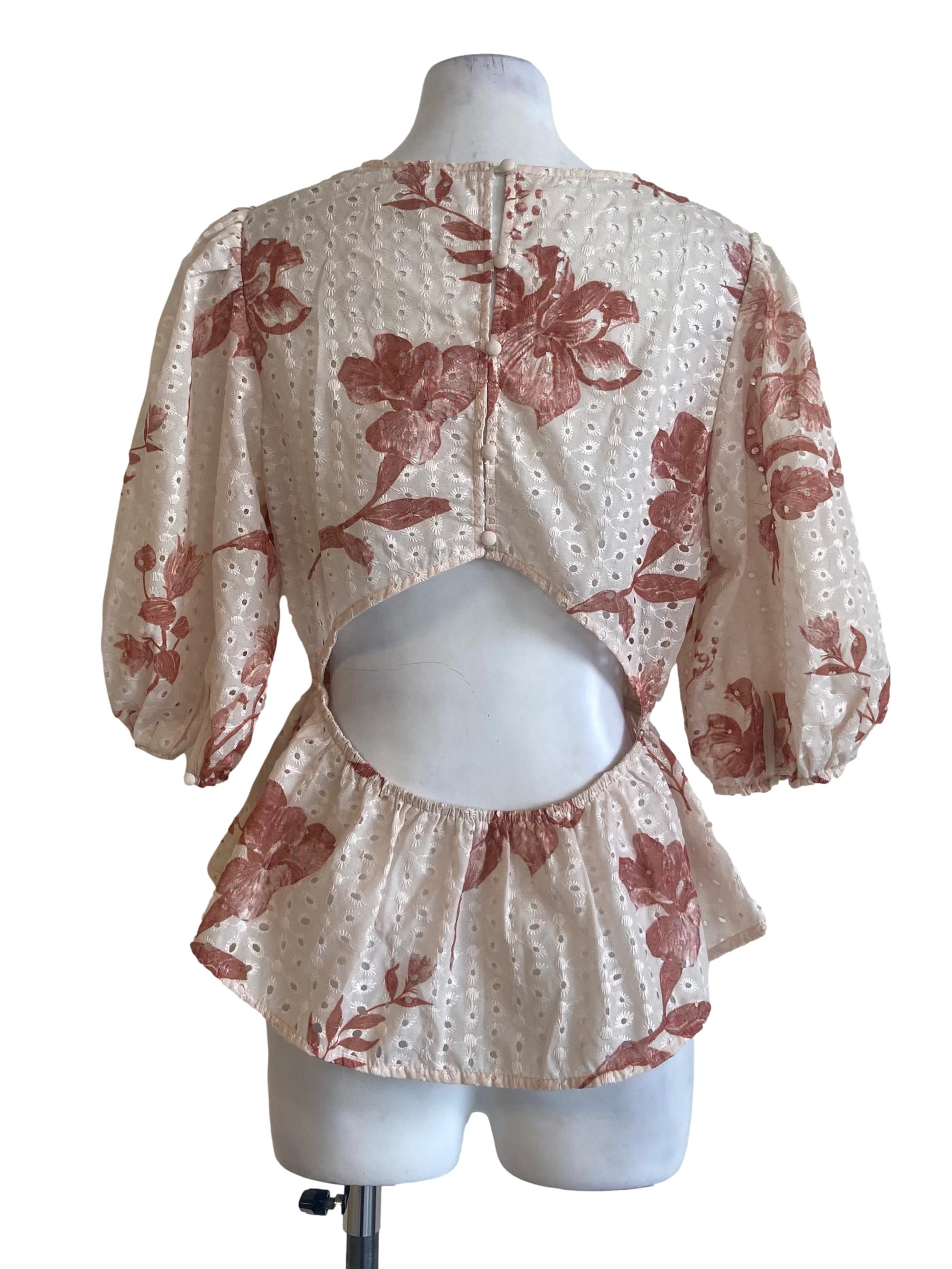 Rose Pink Floral Embroidery Pegged Waist Blouse