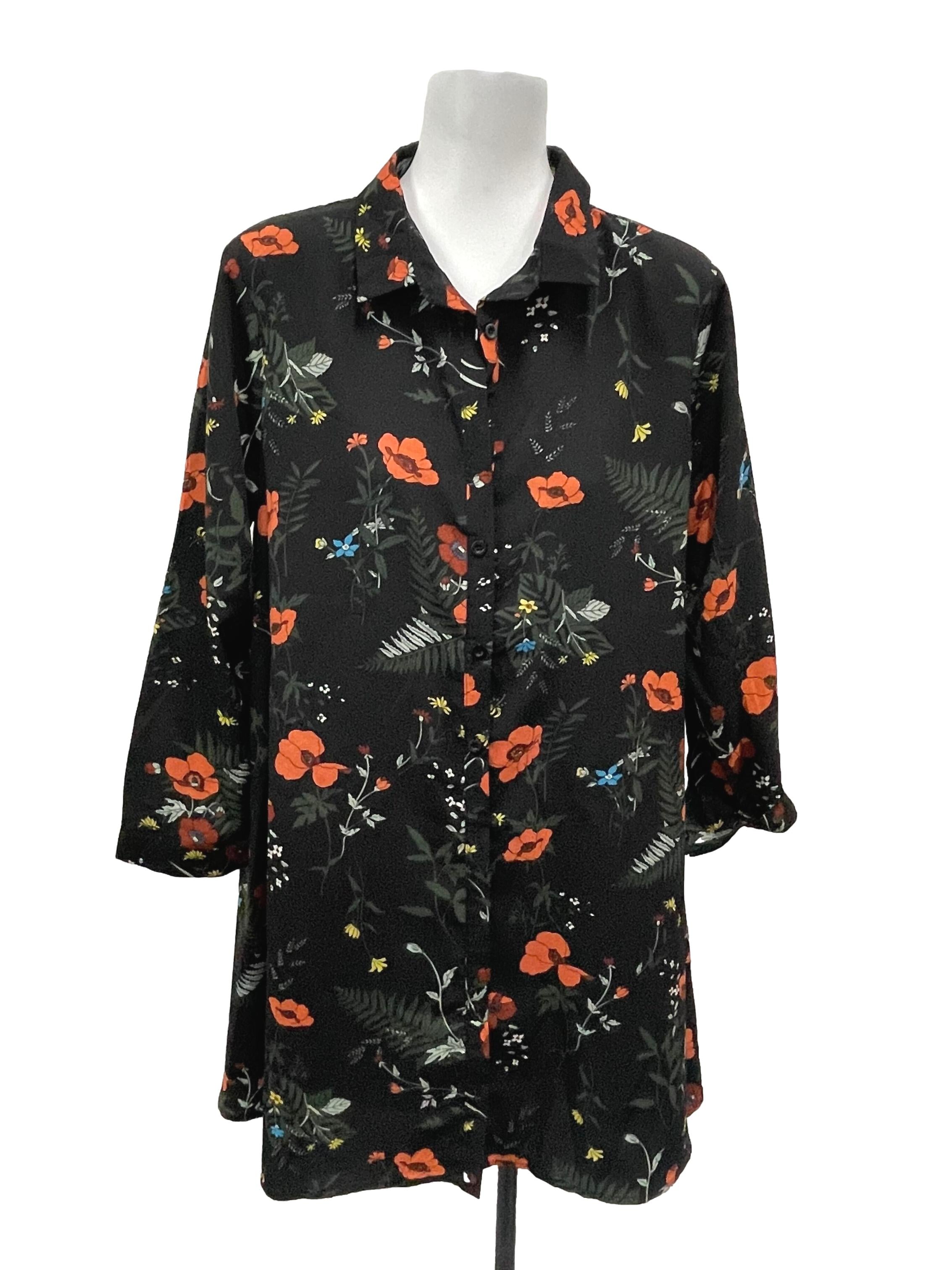 Black Tropical Print Shirtdress