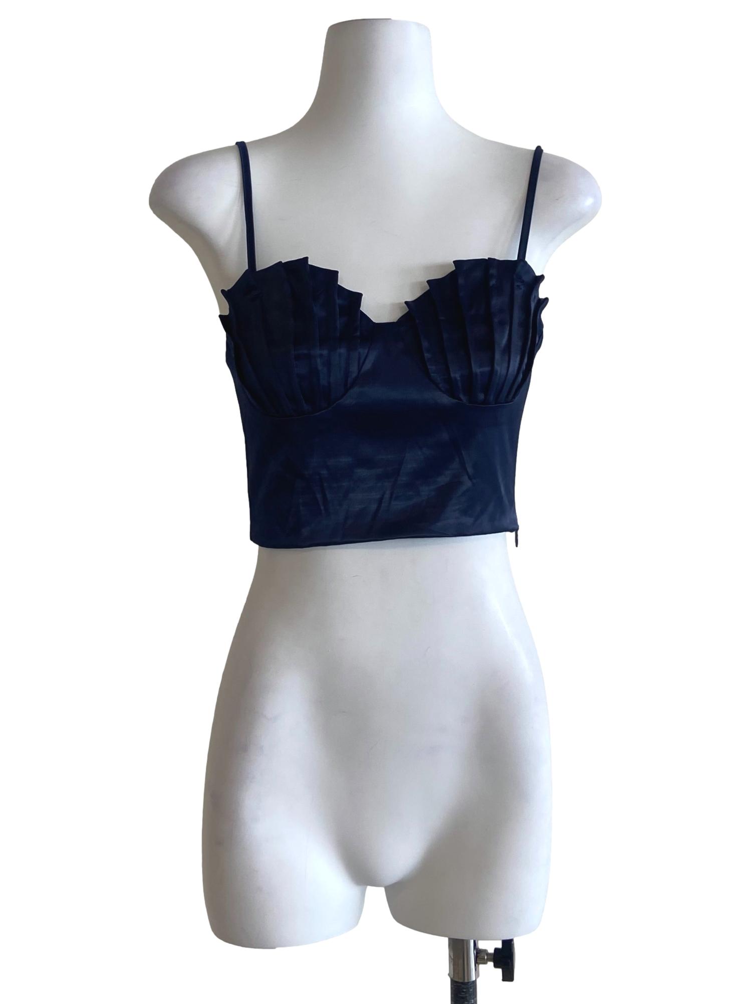 Navy Blue Sweetheart Pleated Crop Top