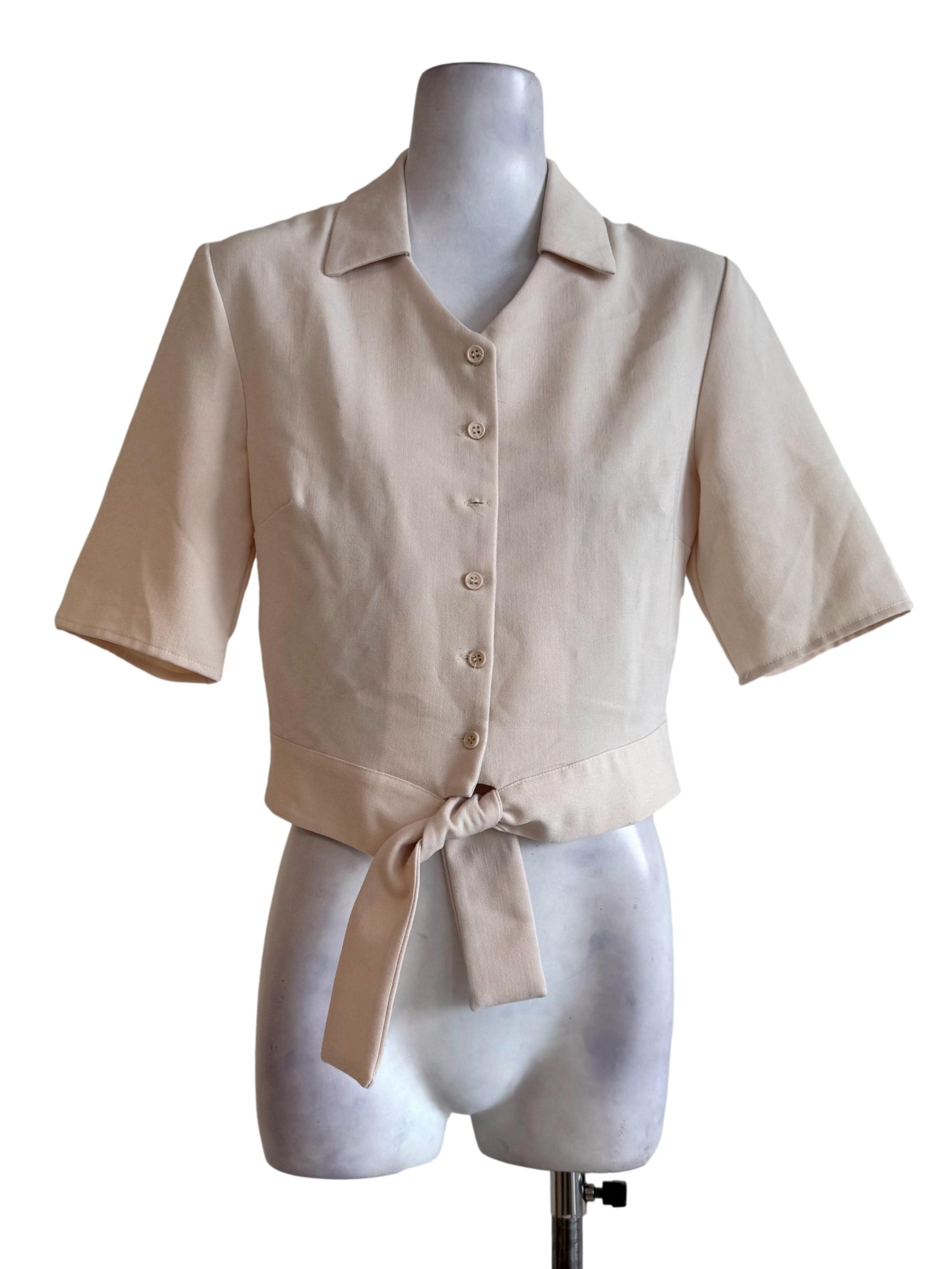Pale Cream V Neck Short Sleeve Front Tie Crop Top