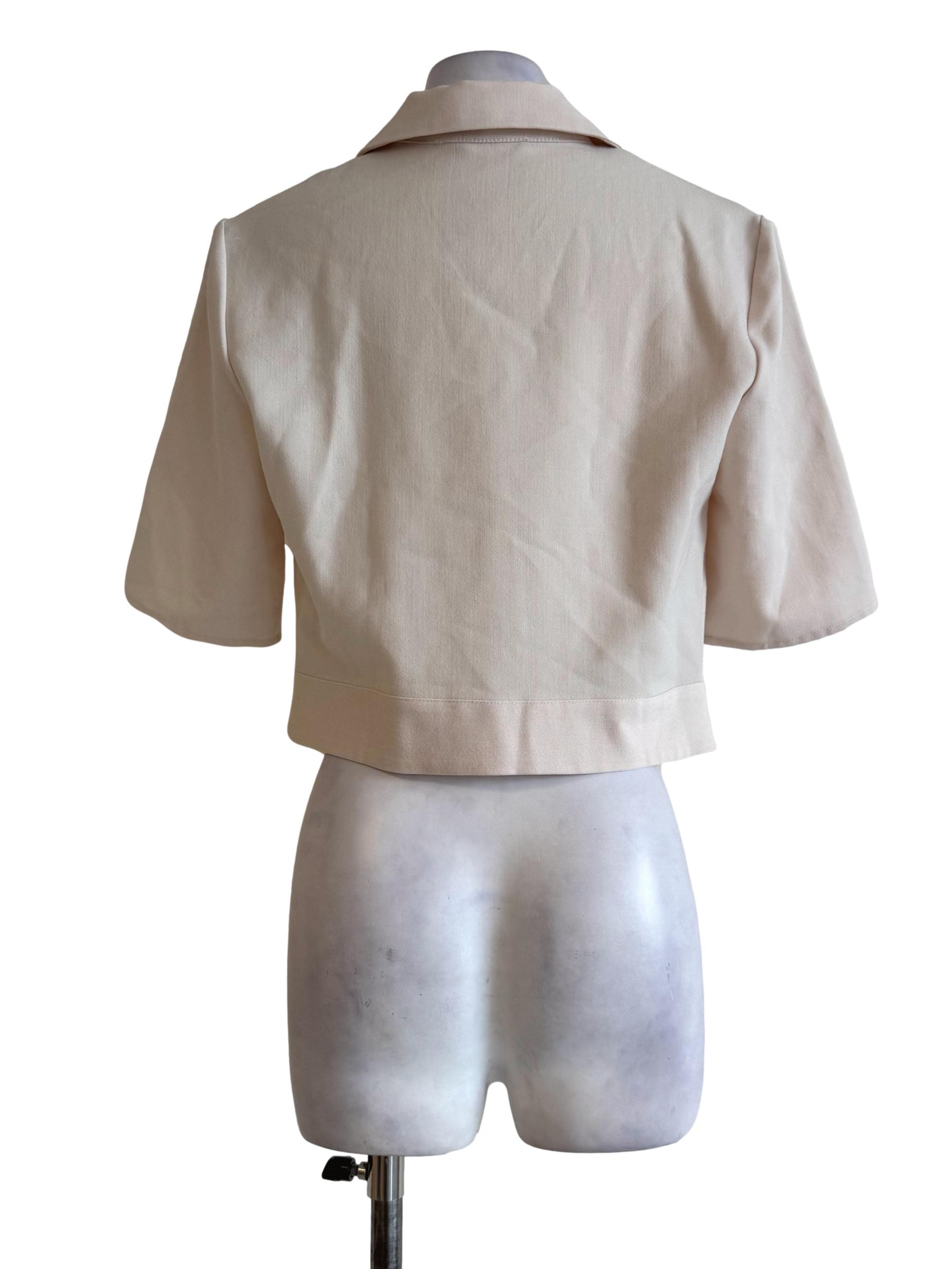Pale Cream V Neck Short Sleeve Front Tie Crop Top