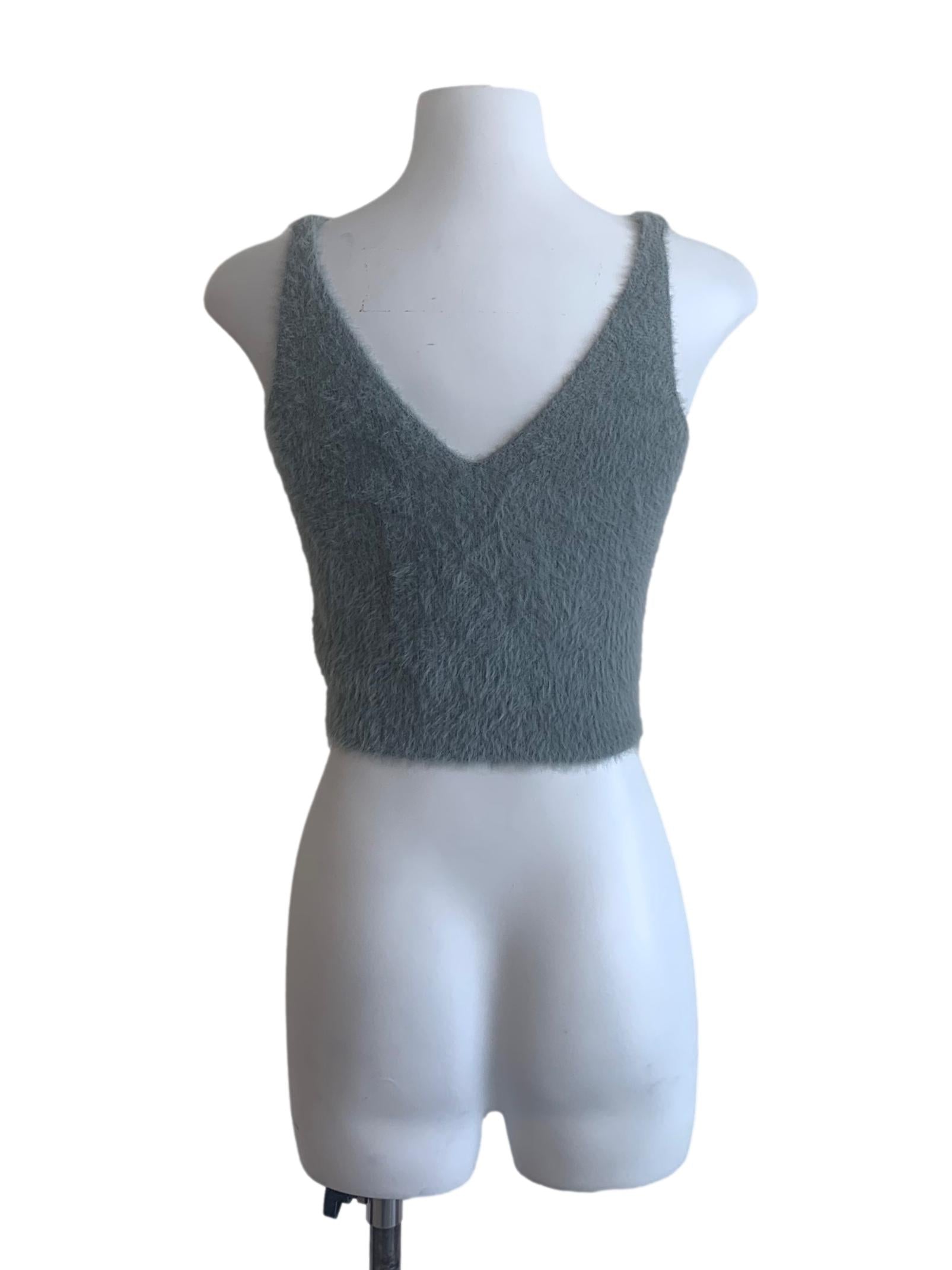 Stone Blue Fur V Neck Top