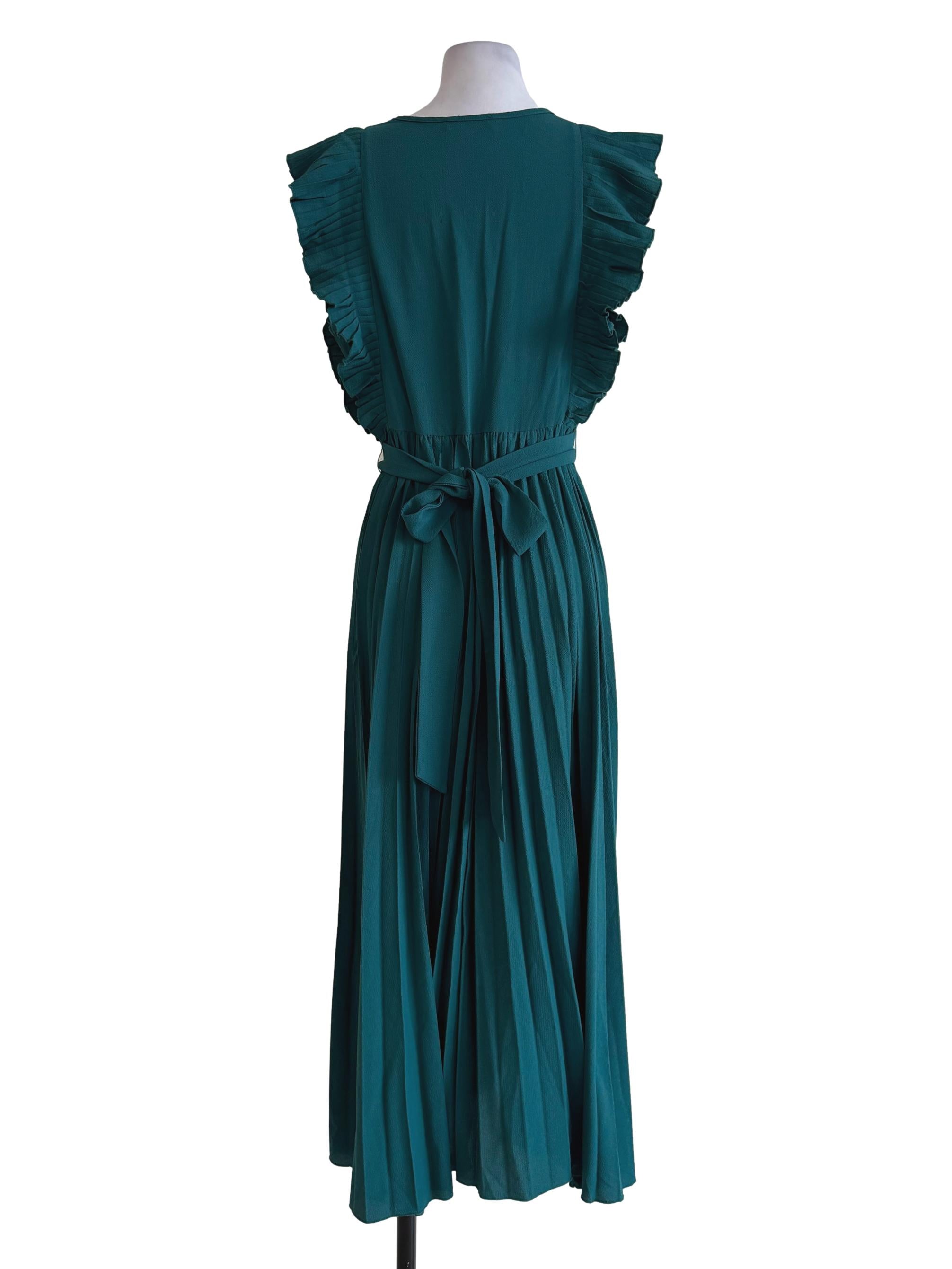 Kaitoke Green Pleated Ruffled Sleeve Dress