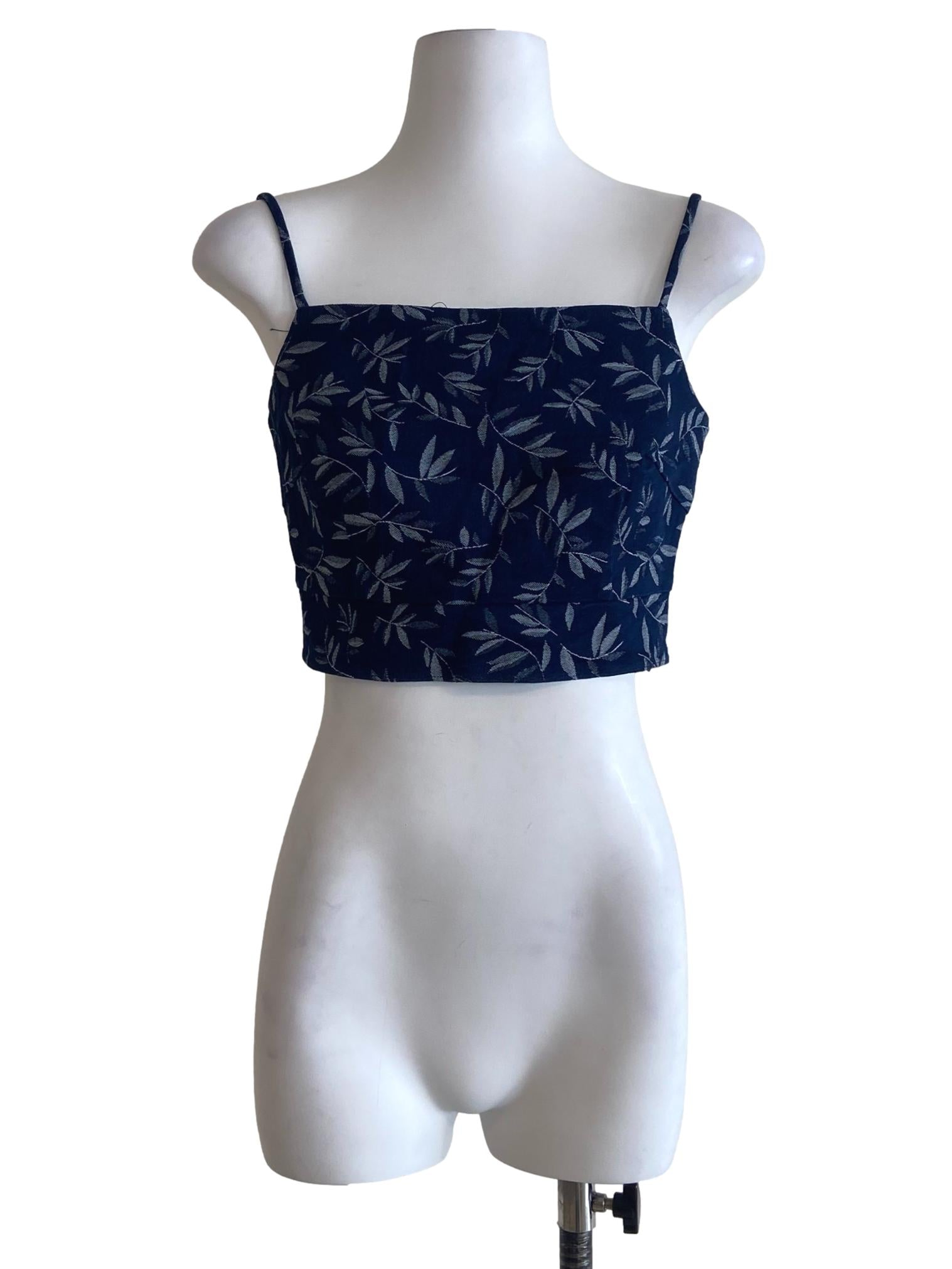 Denim Blue Floral Spaghetti Strap Crop Top