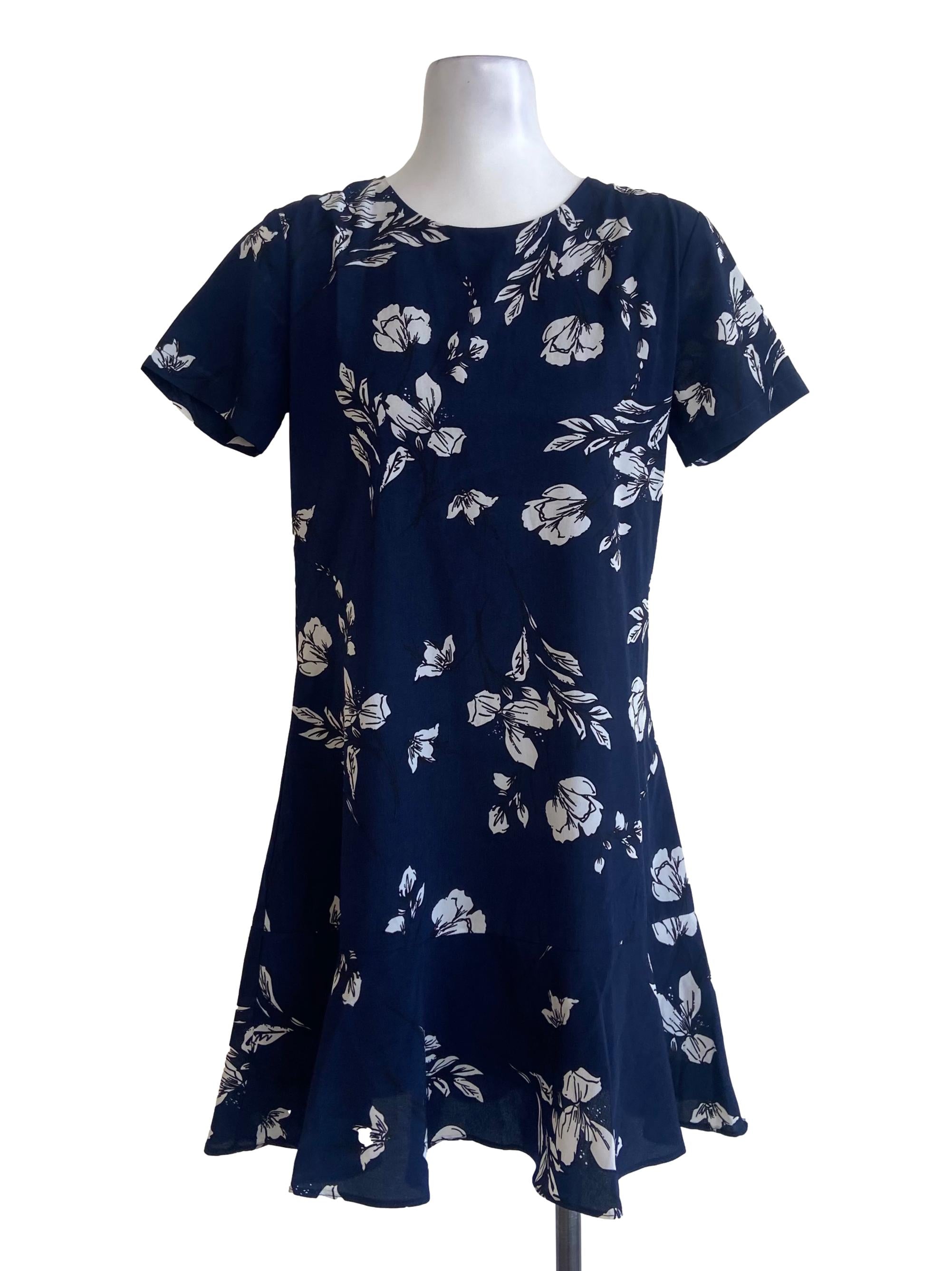 Navy Blue  & White Floral Drop Waist Dress