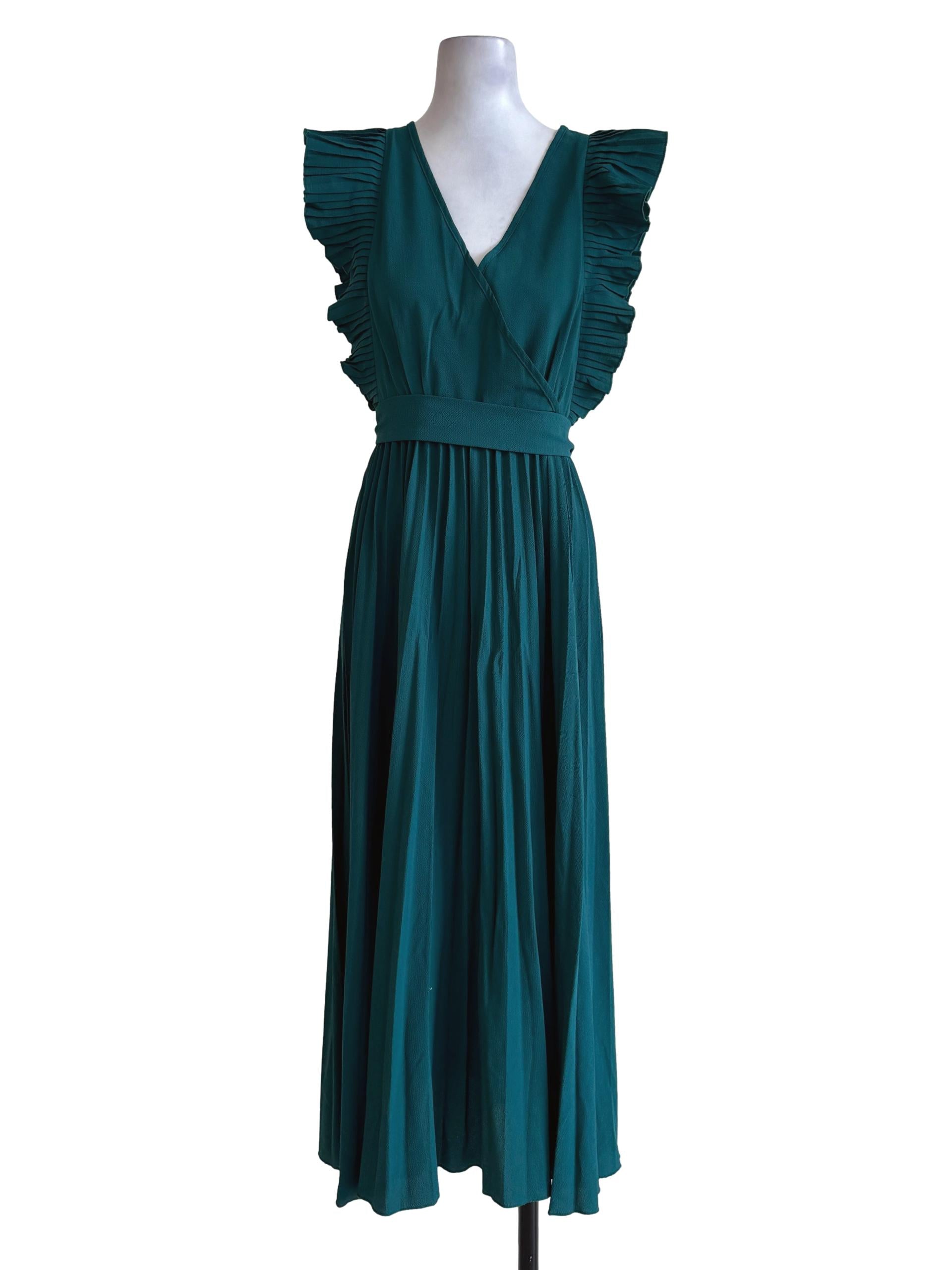 Kaitoke Green Pleated Ruffled Sleeve Dress