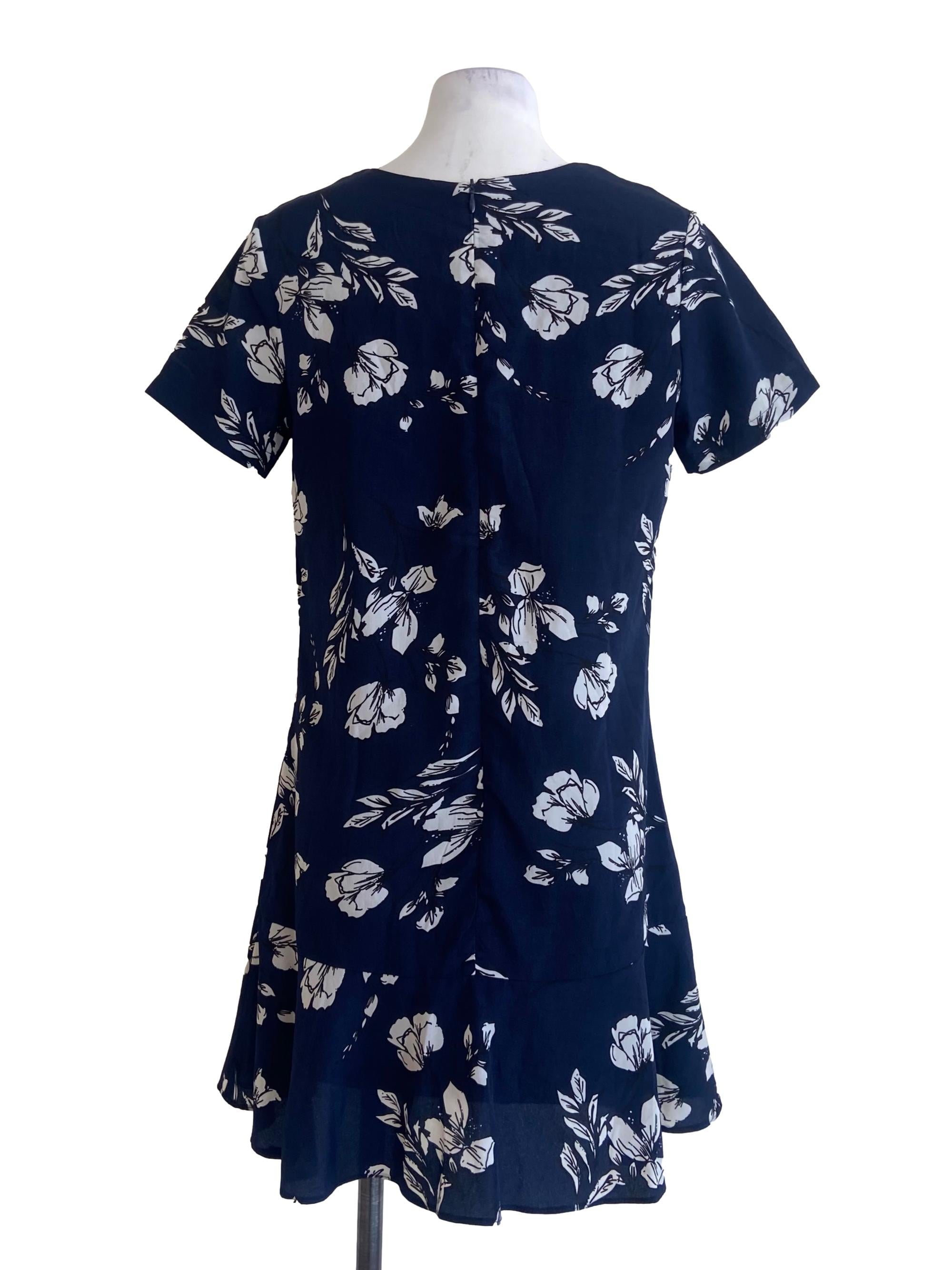 Navy Blue  & White Floral Drop Waist Dress