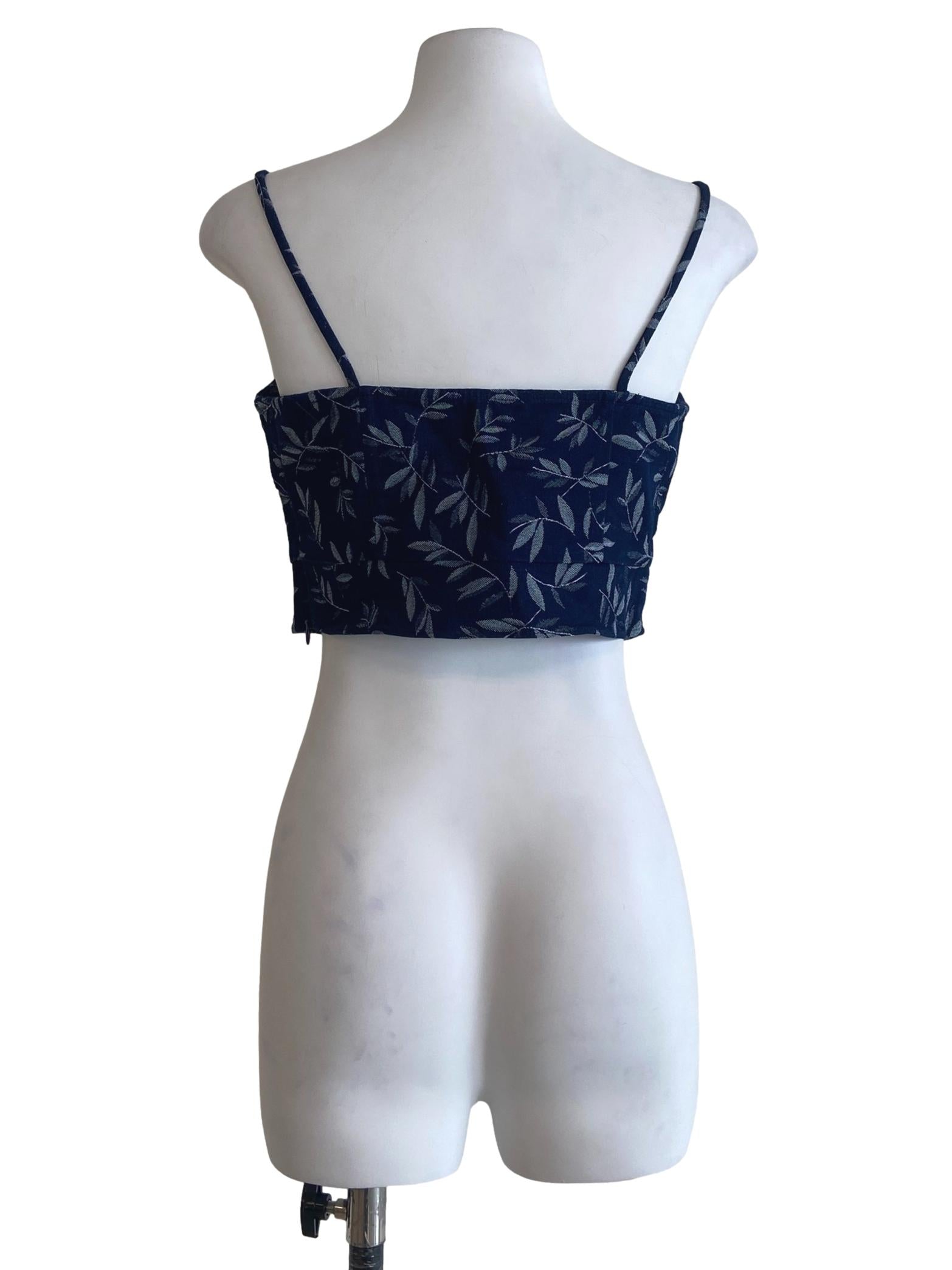Denim Blue Floral Spaghetti Strap Crop Top