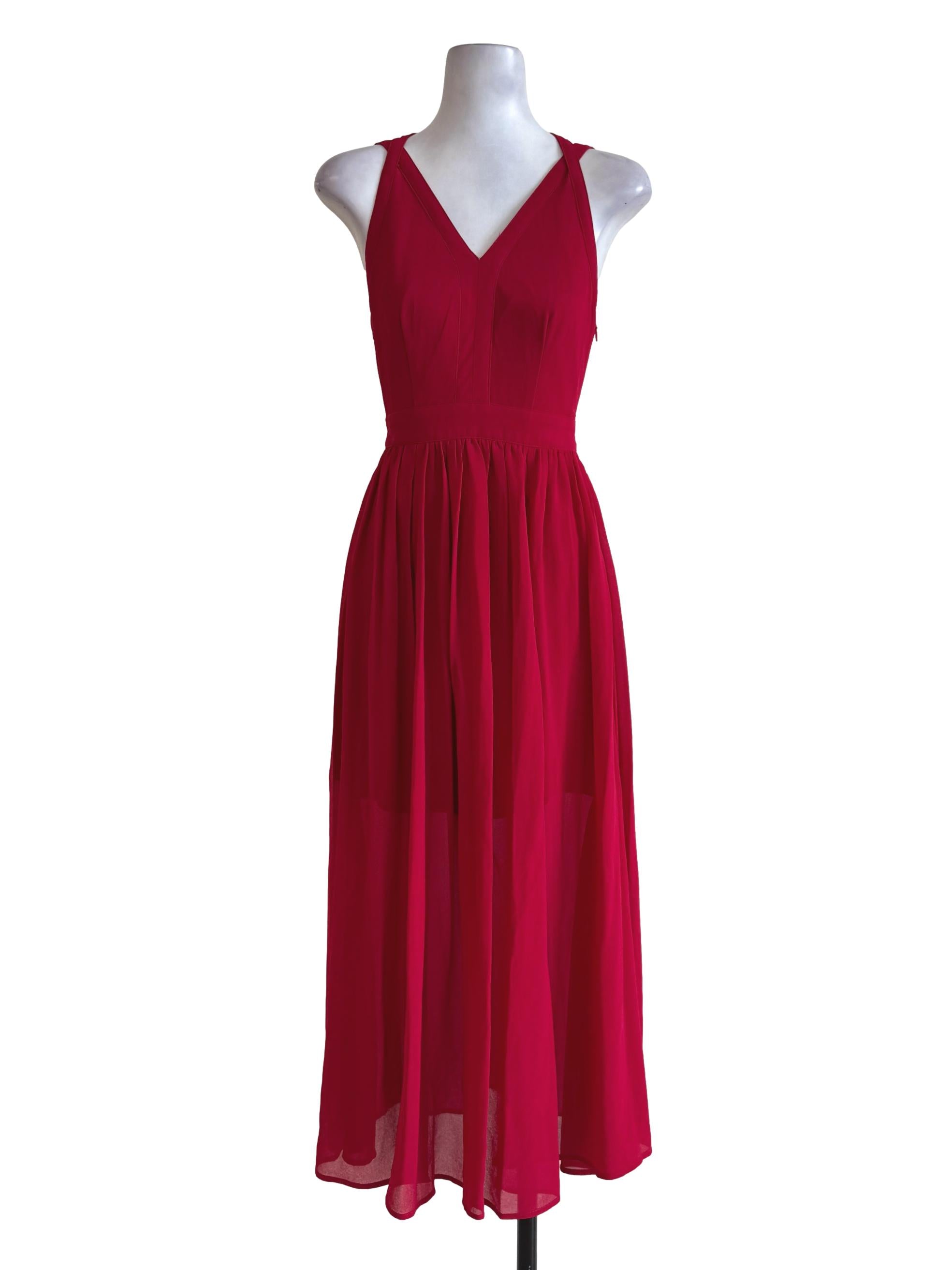 Ferrari Red V Neck Pleated Skirt Sleeveless Dress LB