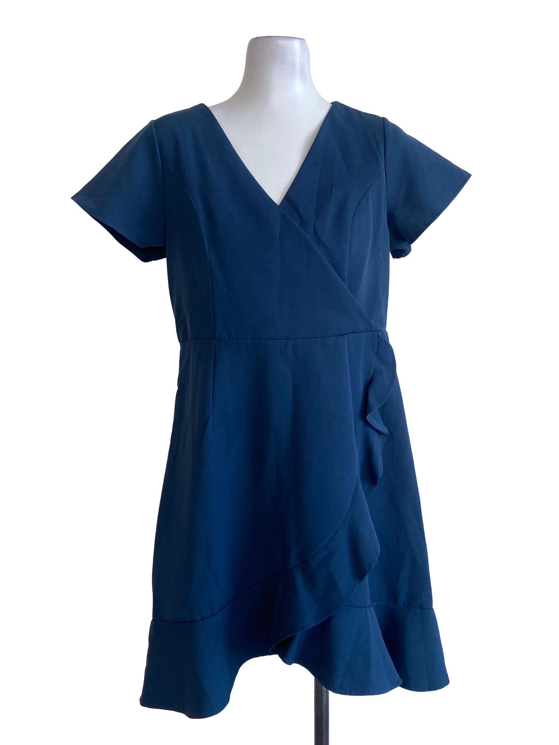 Aegean Blue V Neck Ruffle Shirt Dress