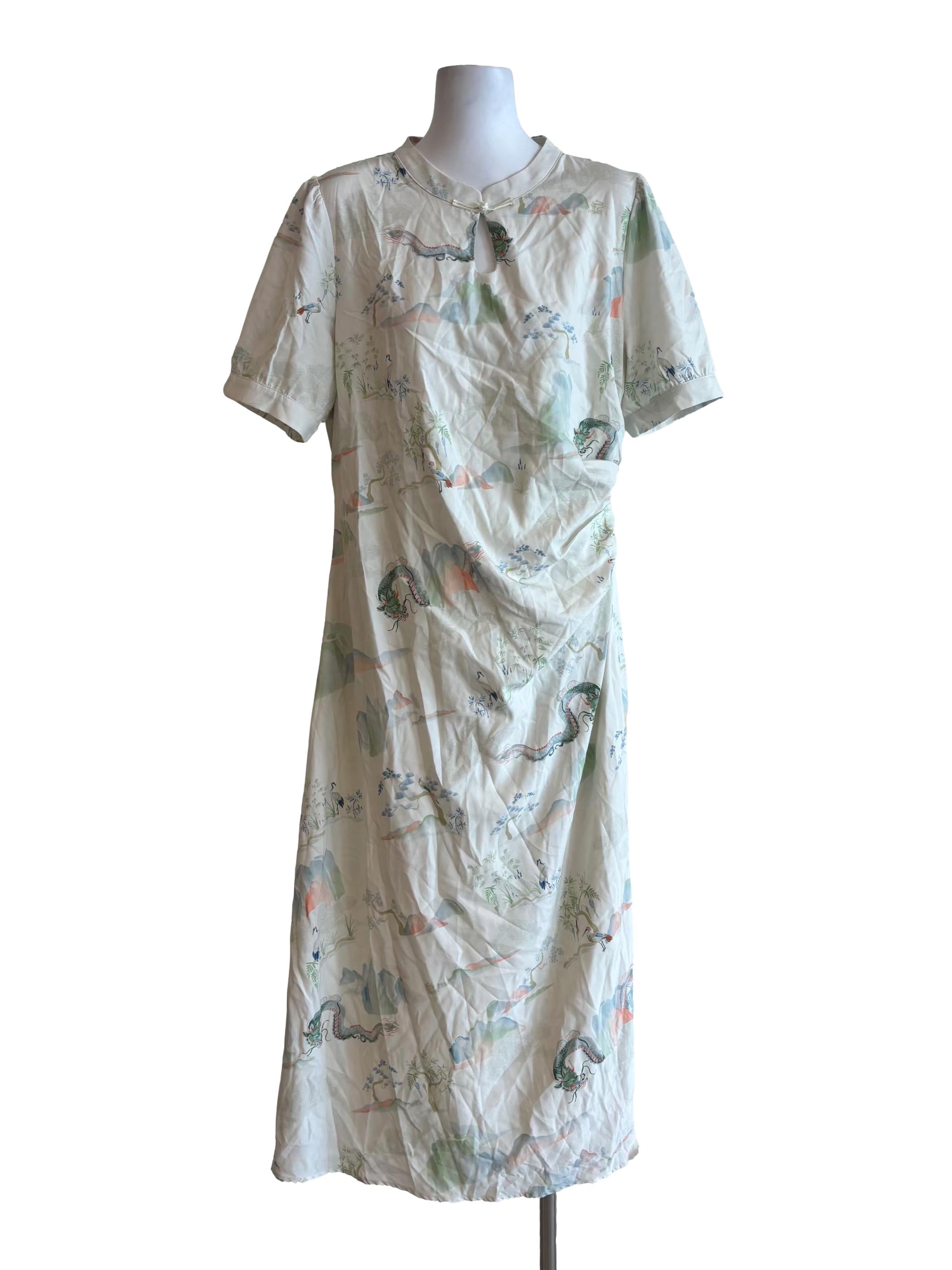 Light Mint Green Short Sleeve Dragon Print Dress