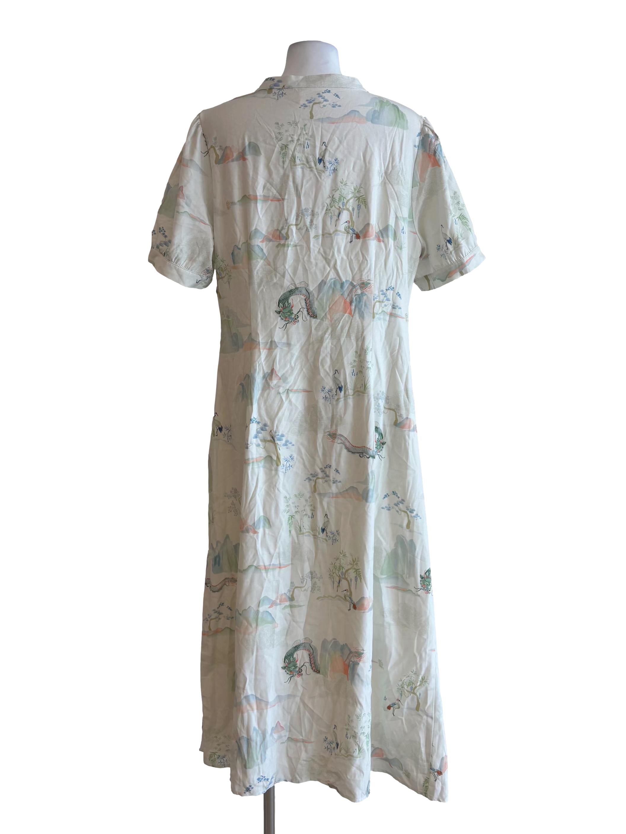 Light Mint Green Short Sleeve Dragon Print Dress