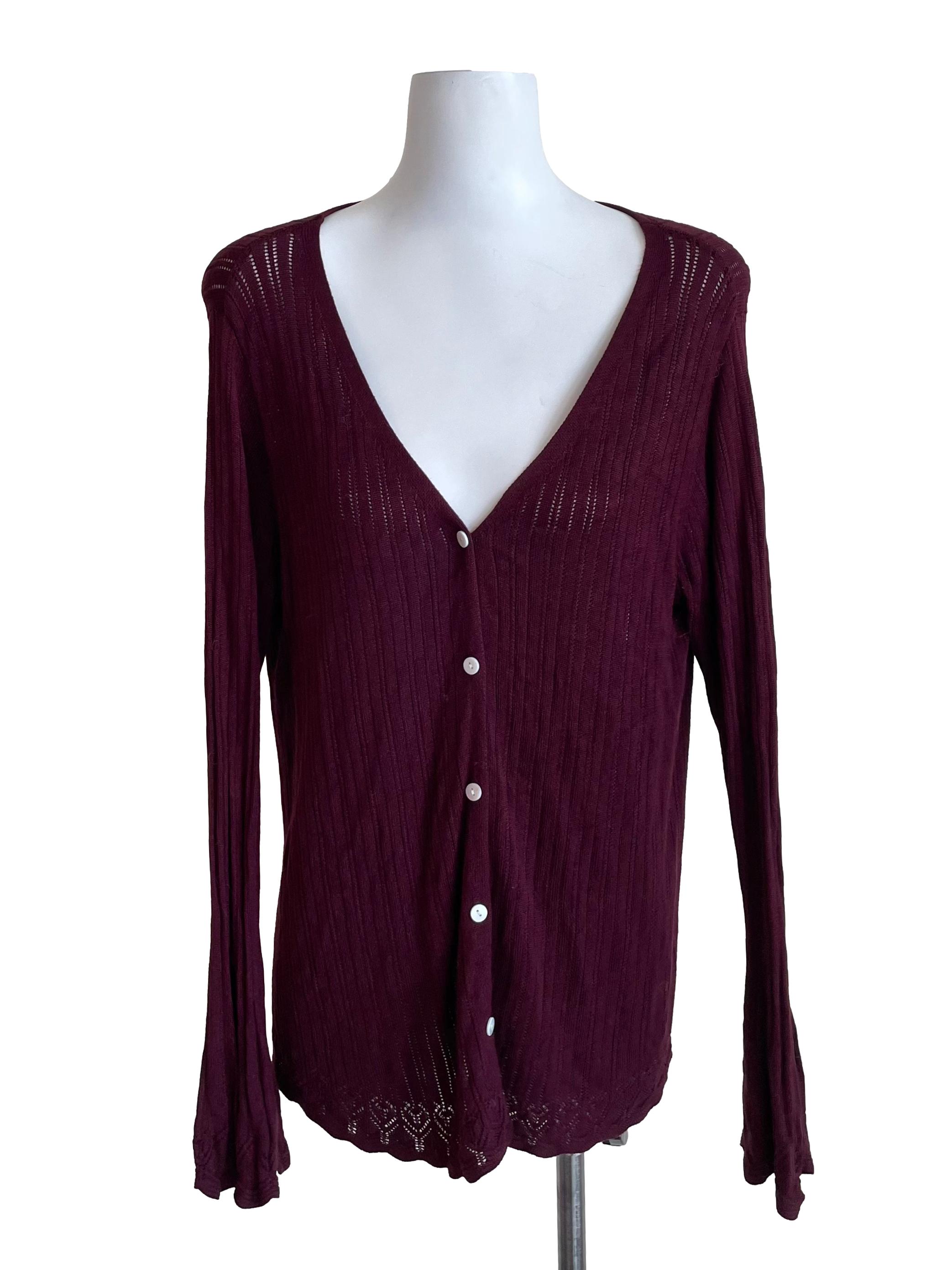Wine Red Pointelle Long Cardigan