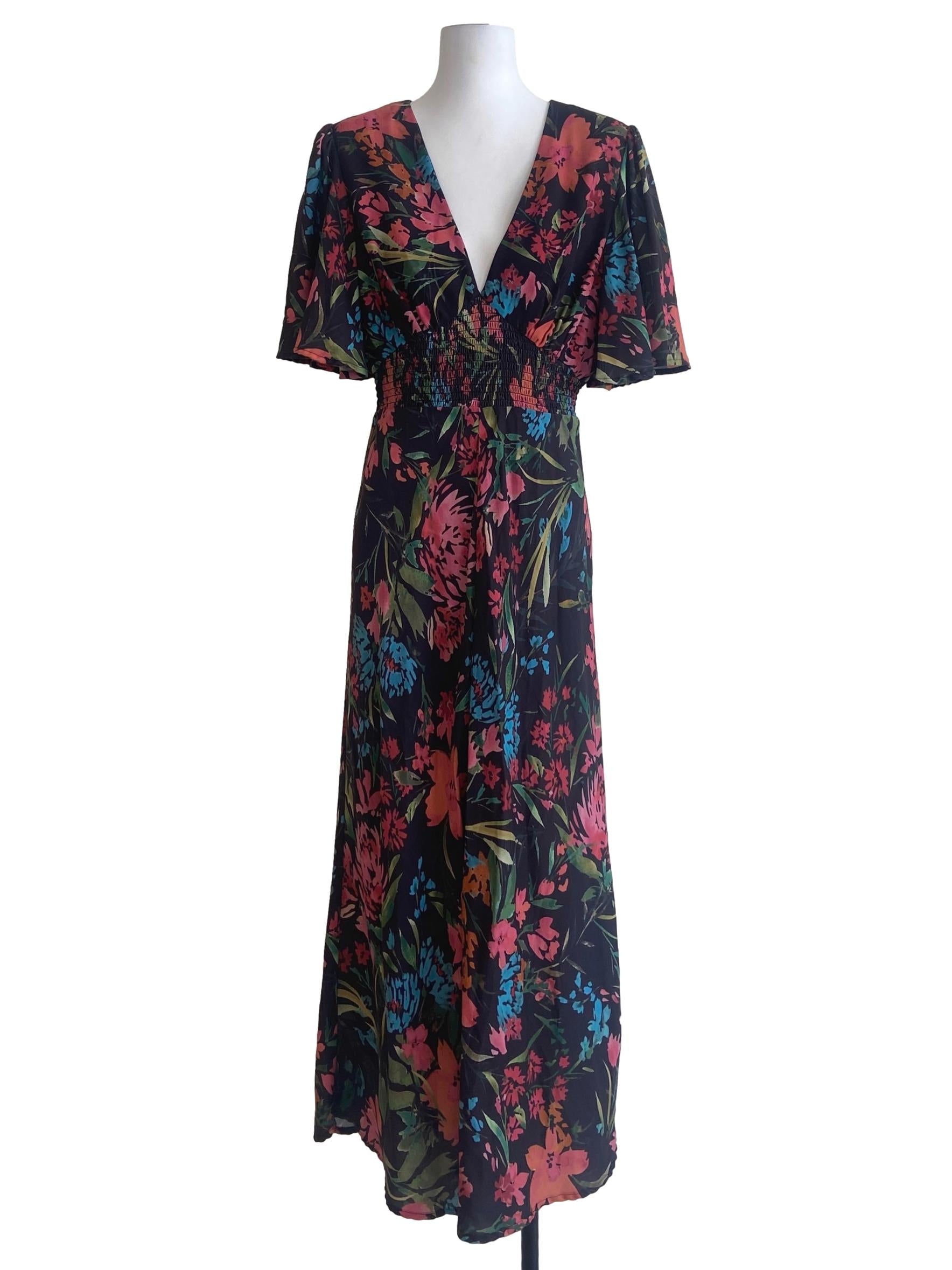 Black & Floral V-Neck Pegged Dress