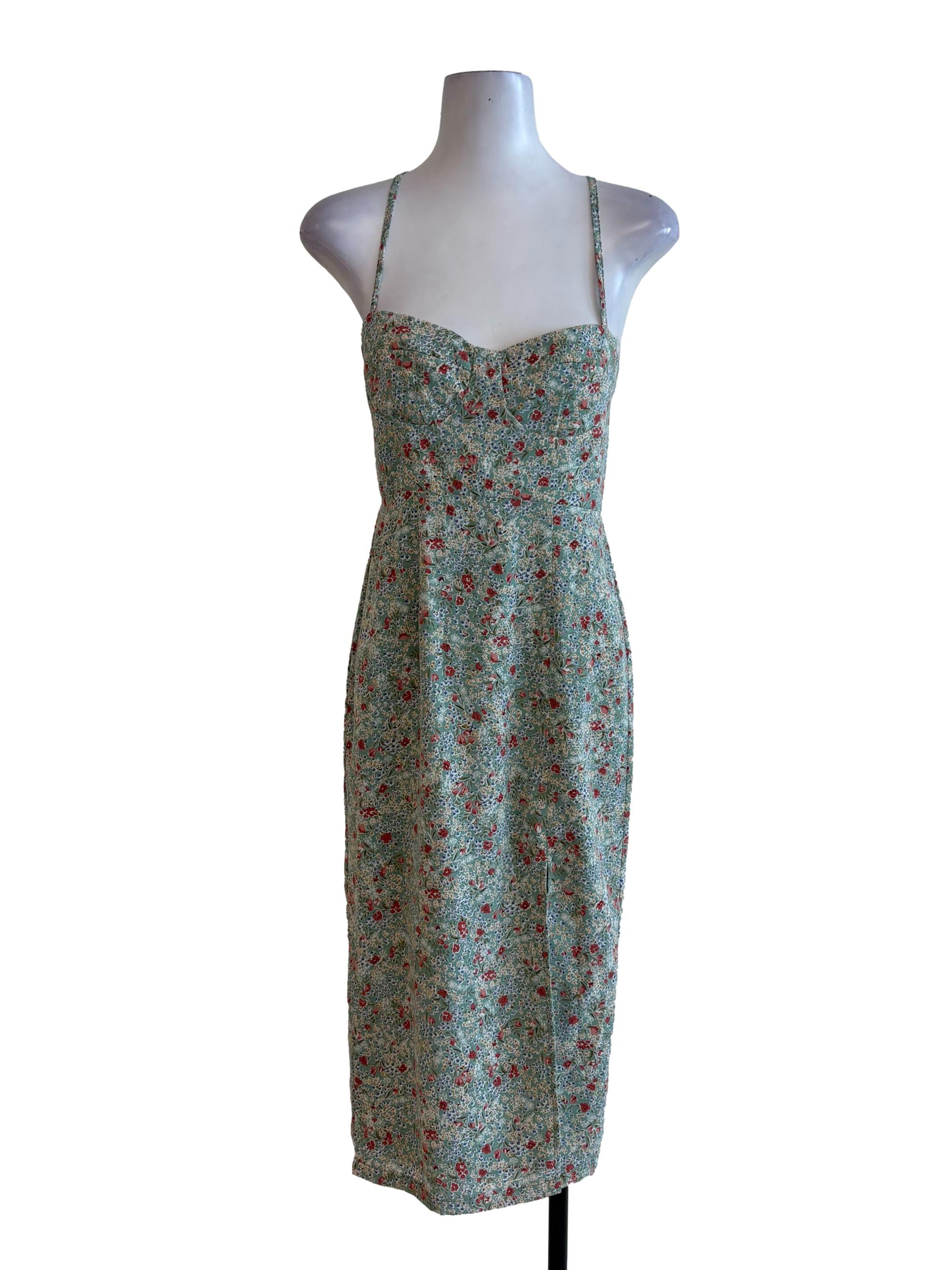 Green Floral Cross Back Slip Dress