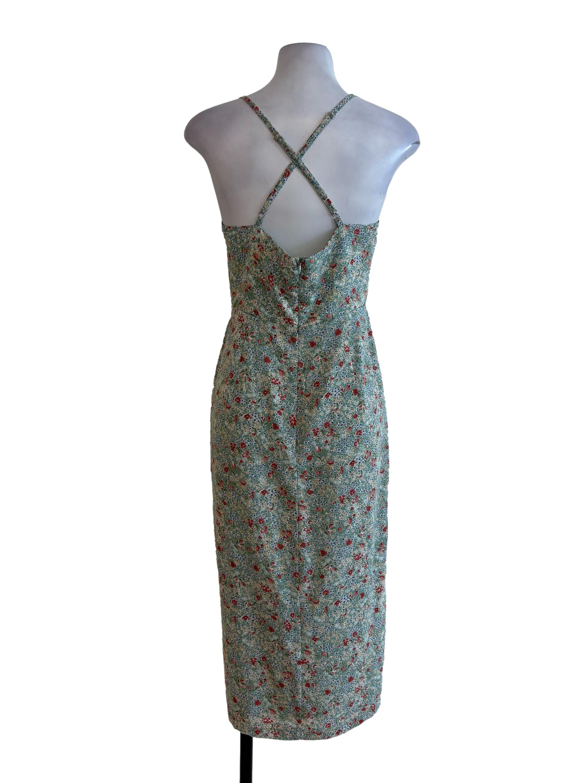Green Floral Cross Back Slip Dress