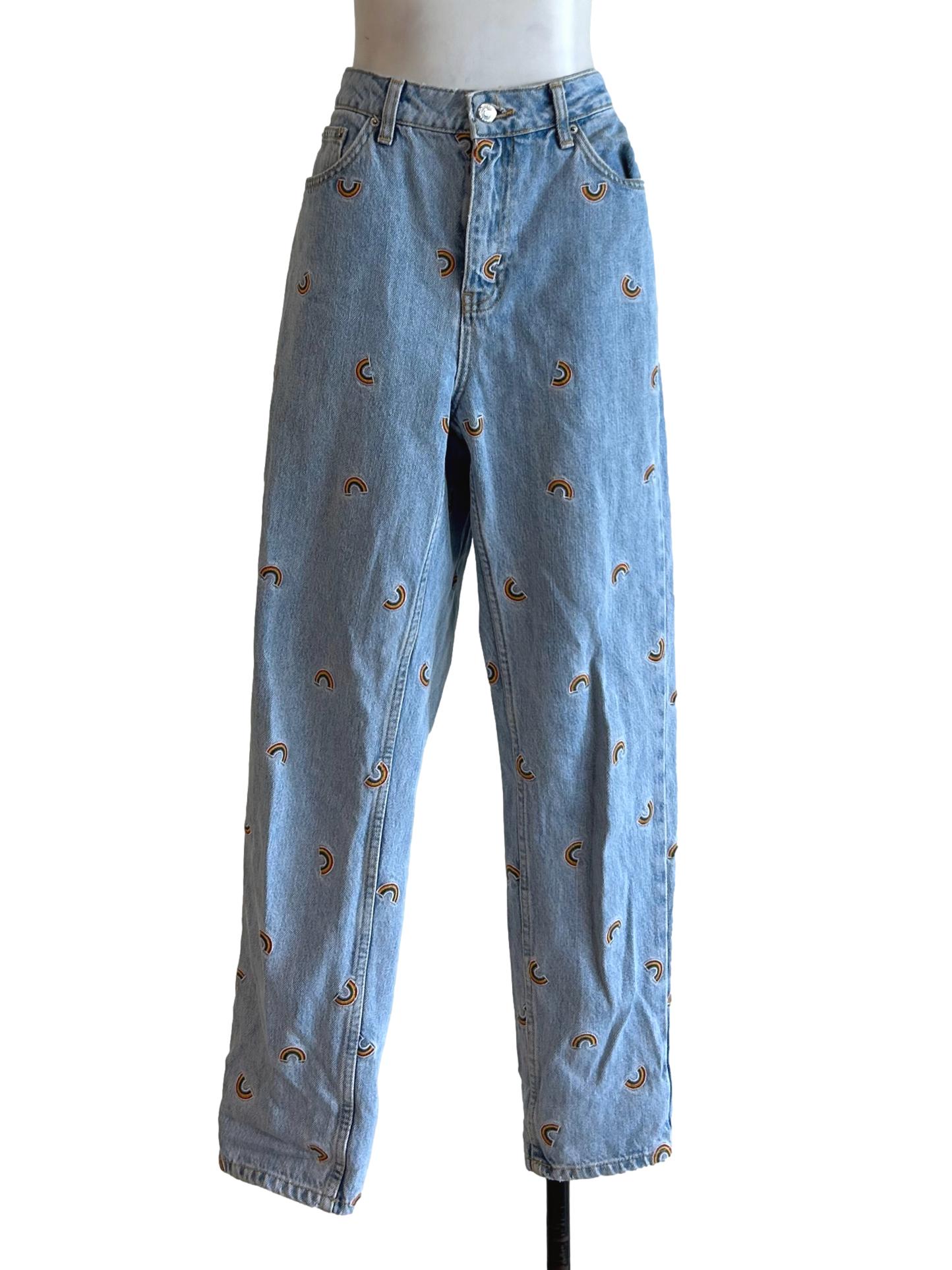 Blue Denim Rainbow Embroidered High Waist Jeans