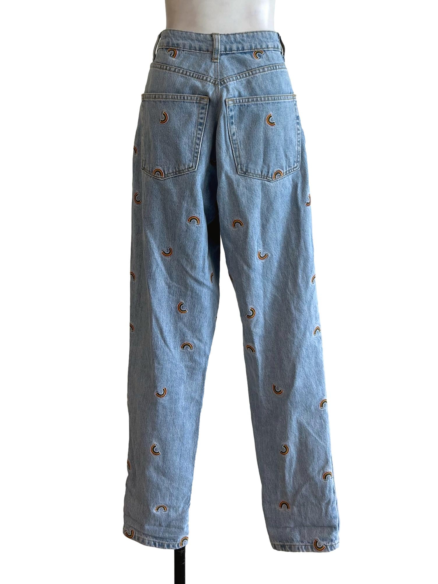Blue Denim Rainbow Embroidered High Waist Jeans