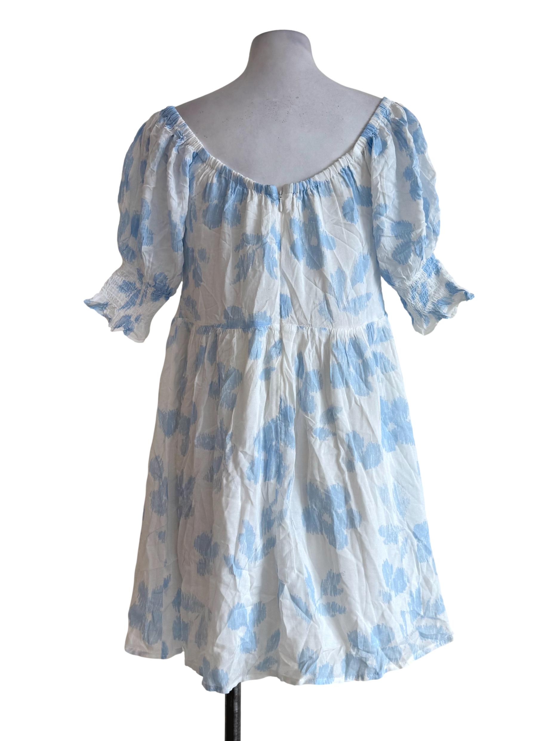 Cotton White With Baby Blue Scoop Neck Dress