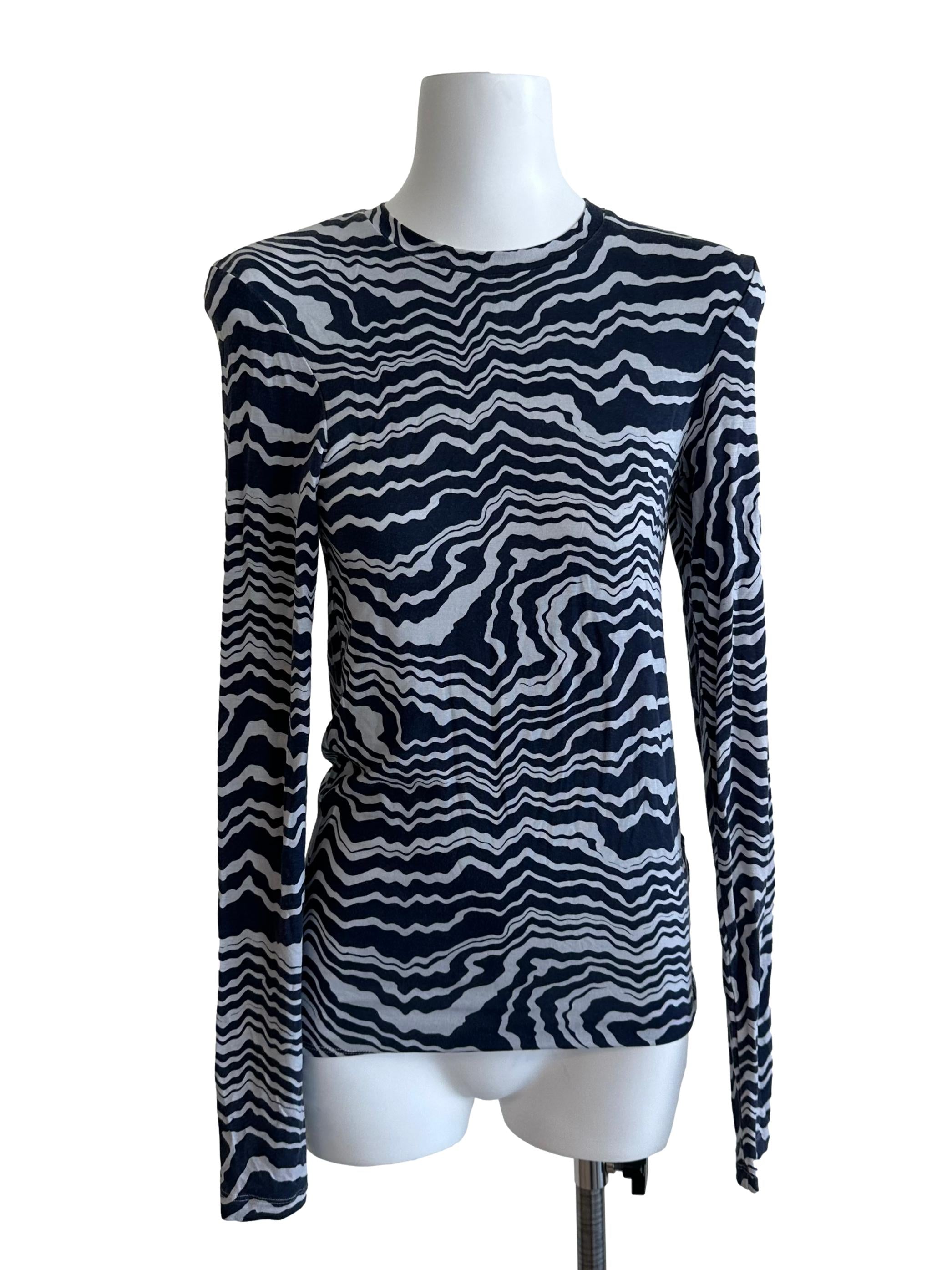 Blue Grey Pattern Round Neck Top