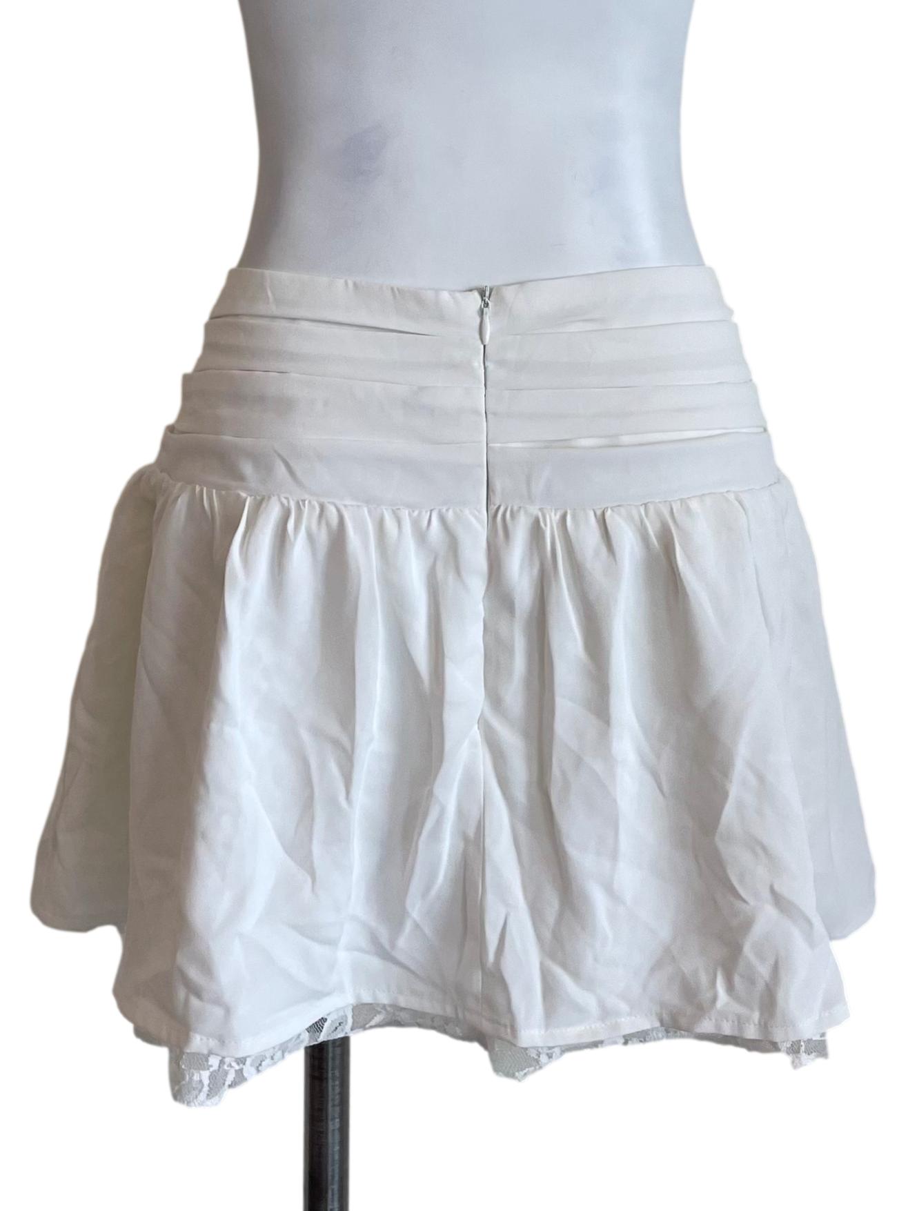 White Pleat Waist Lace Mini Skirt