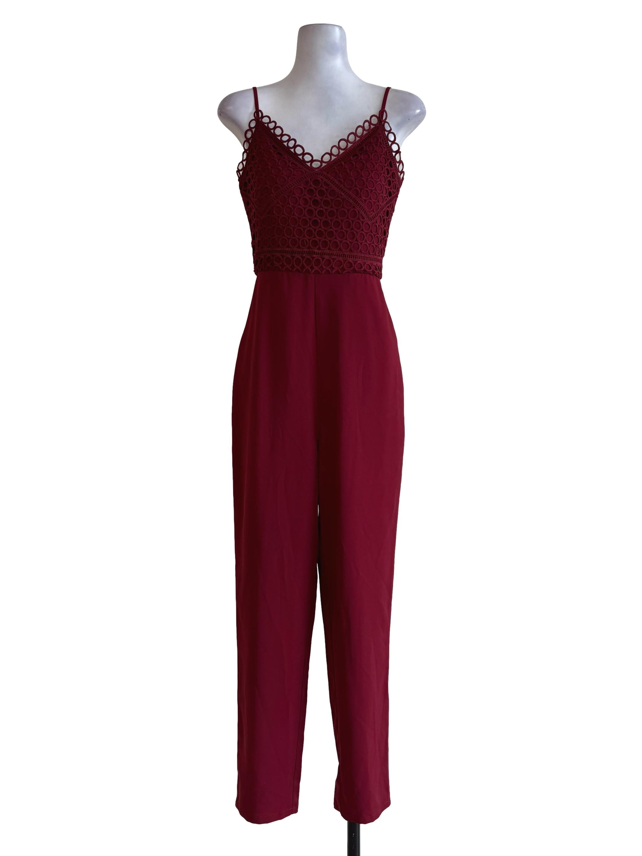 Maroon Red Half Eyelet V Neck Jumpsuit LB