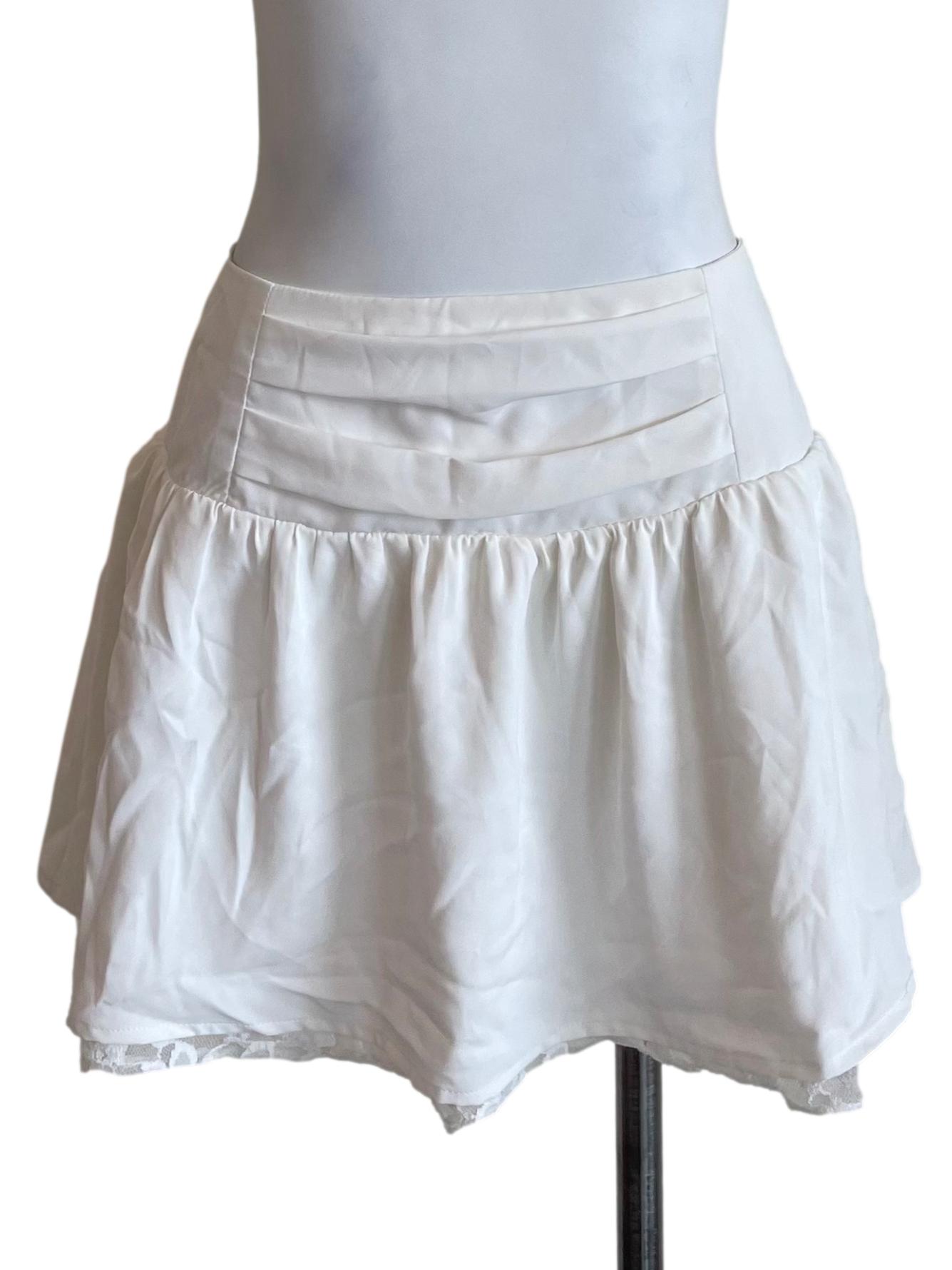 White Pleat Waist Lace Mini Skirt