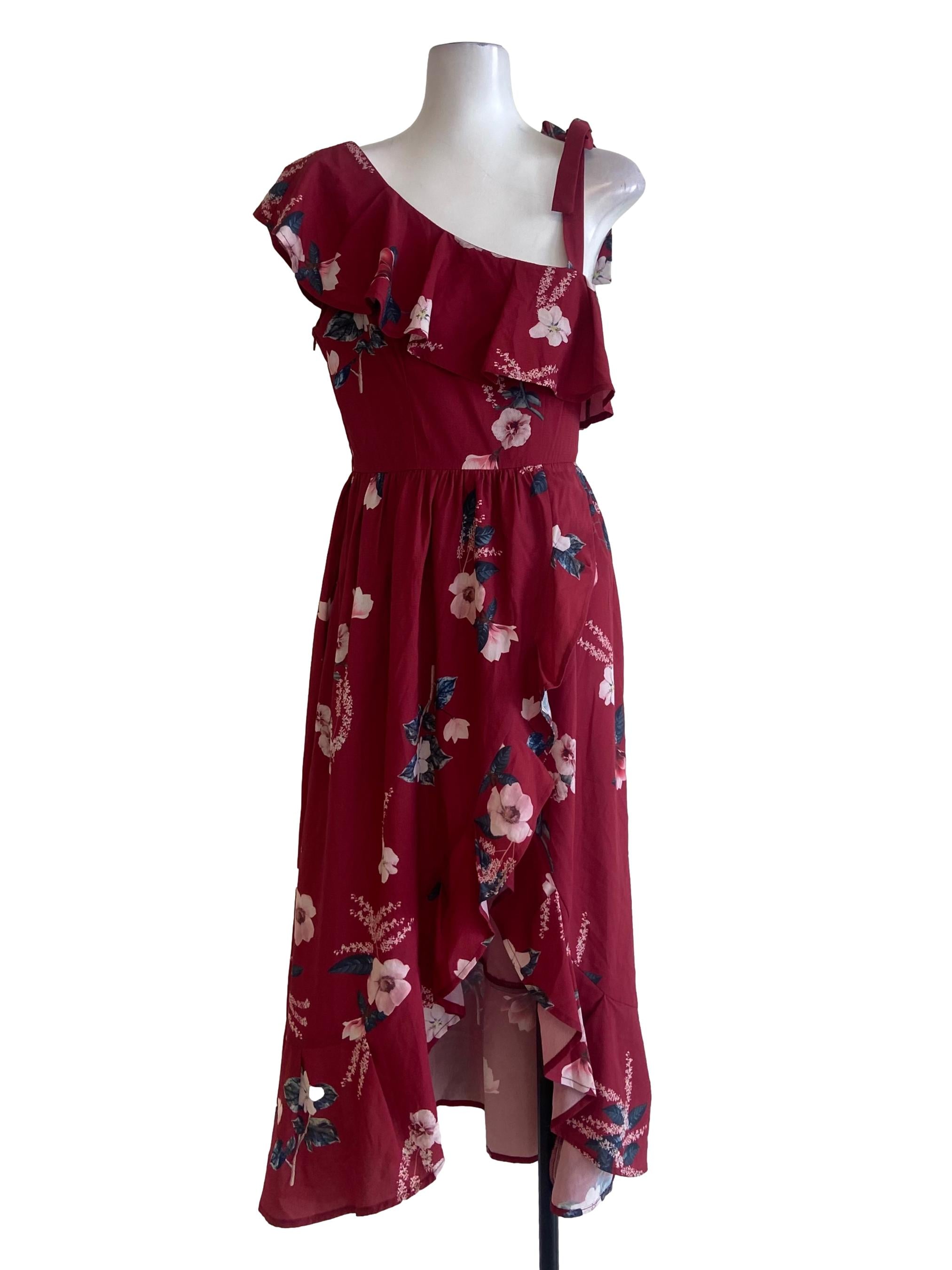 Crimson Red & Floral One Shoulder Slit Dress