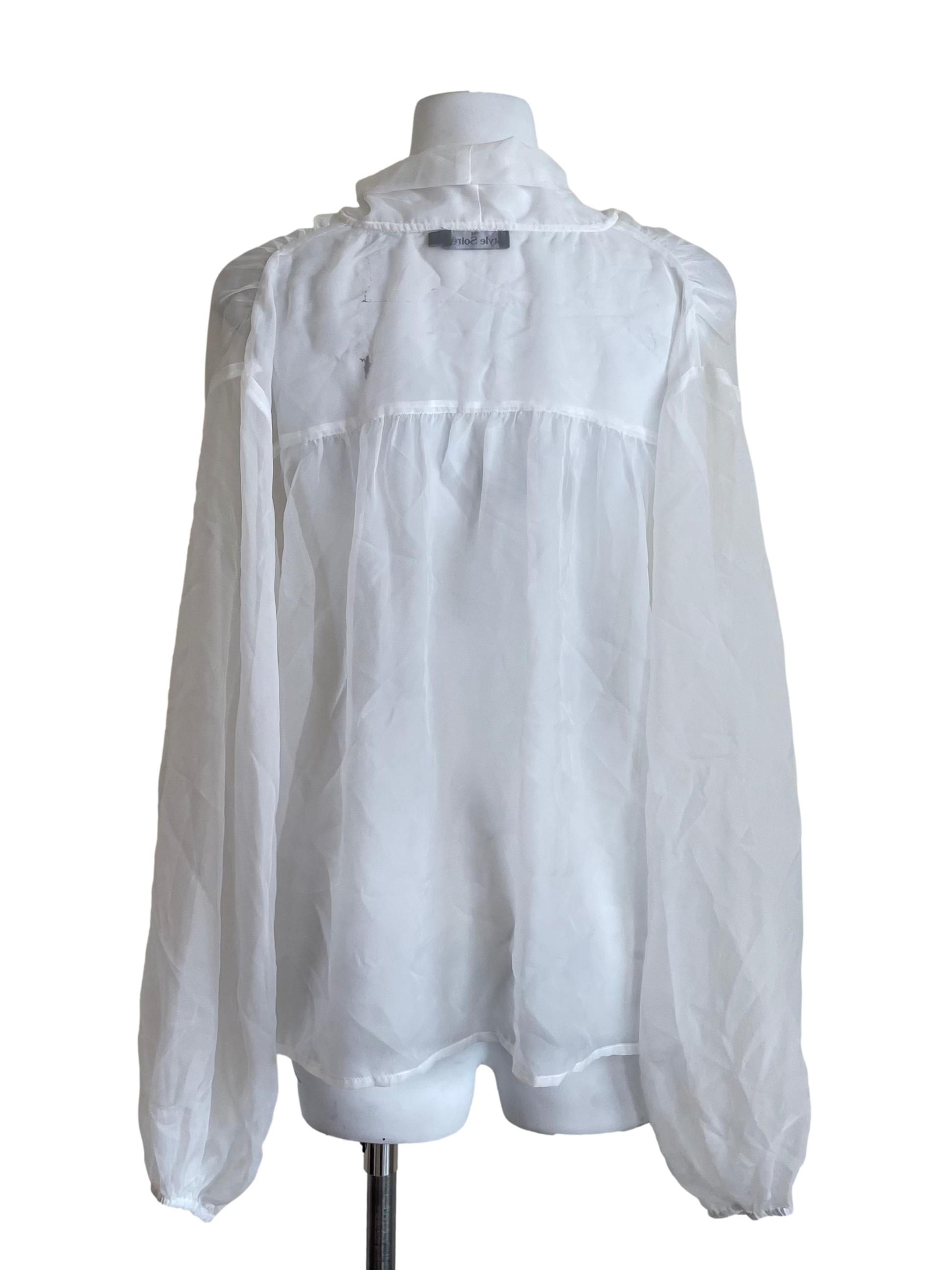 White Tie Front Puff Sleeve Sheer Blouse