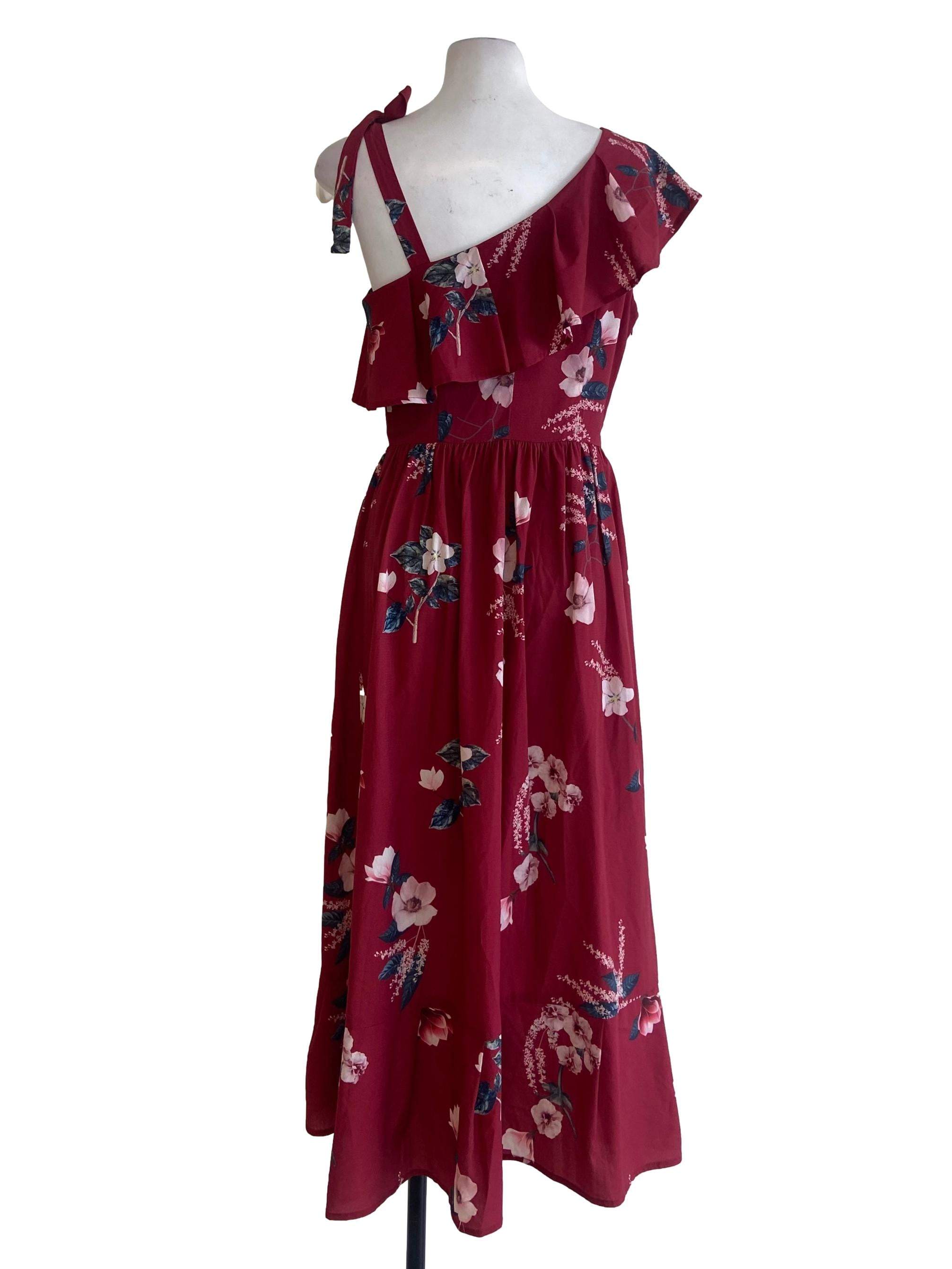 Crimson Red & Floral One Shoulder Slit Dress
