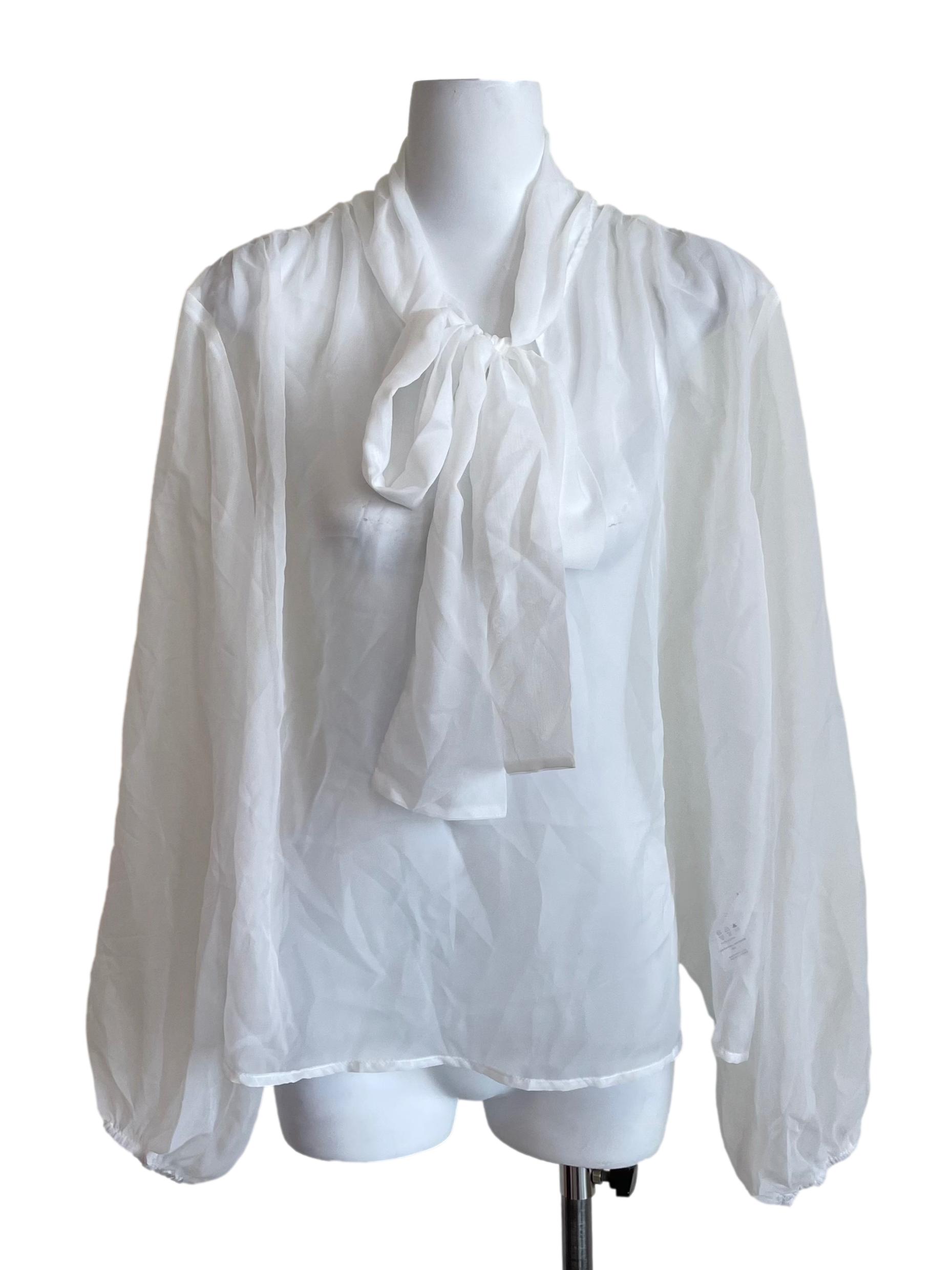 White Tie Front Puff Sleeve Sheer Blouse