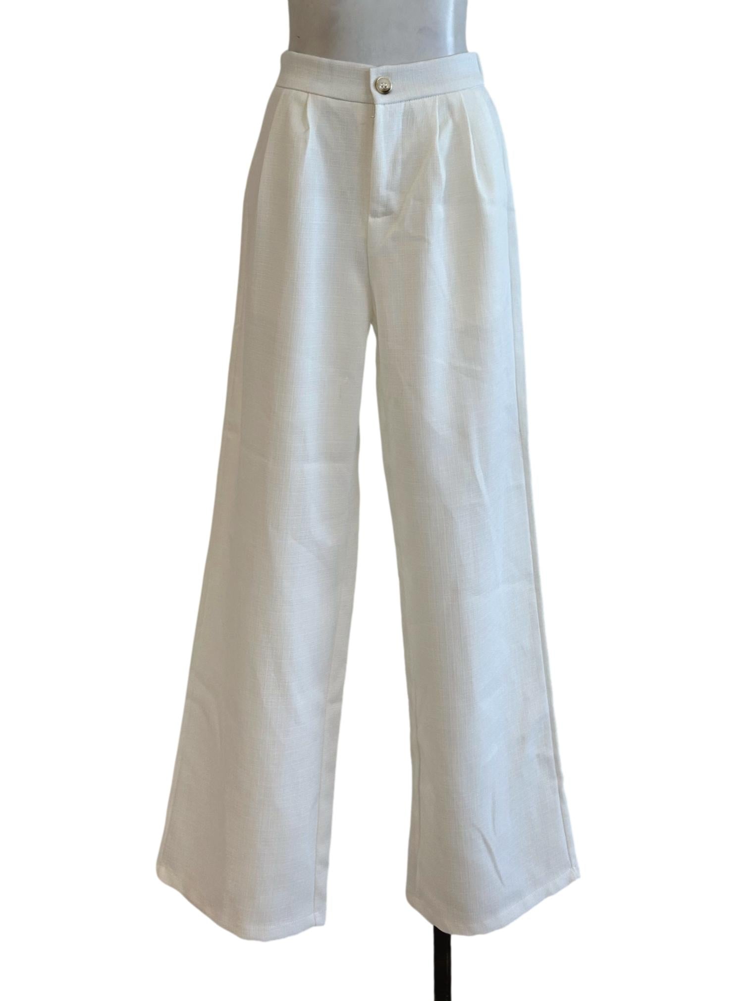 White Textured Straight Trousers
