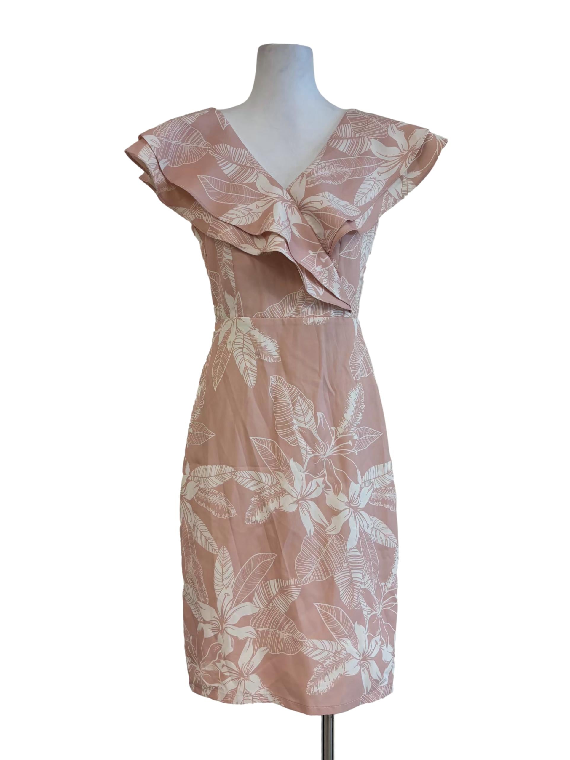 Nude Pink Floral Ruffle Sheath Dress