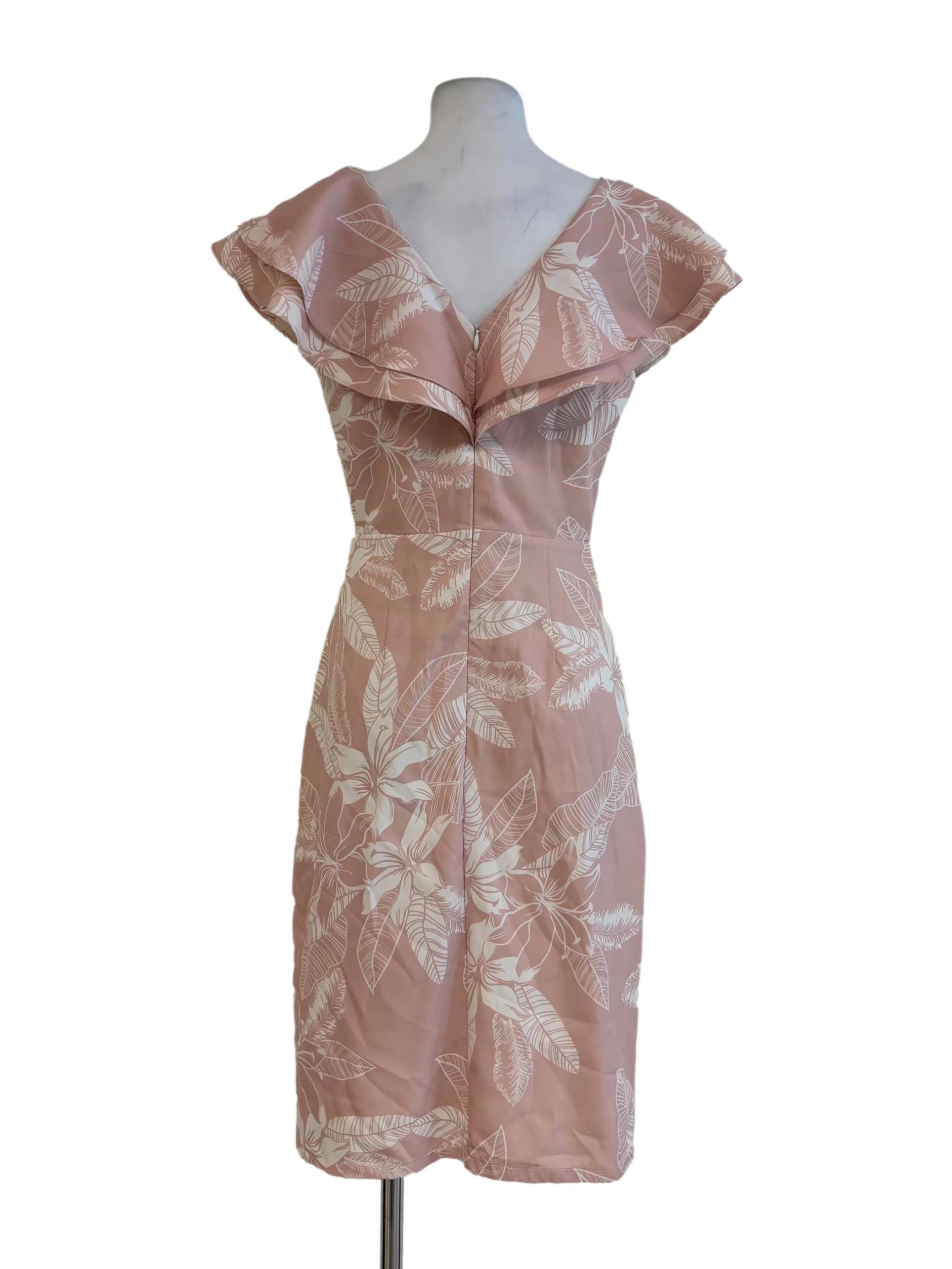 Nude Pink Floral Ruffle Sheath Dress