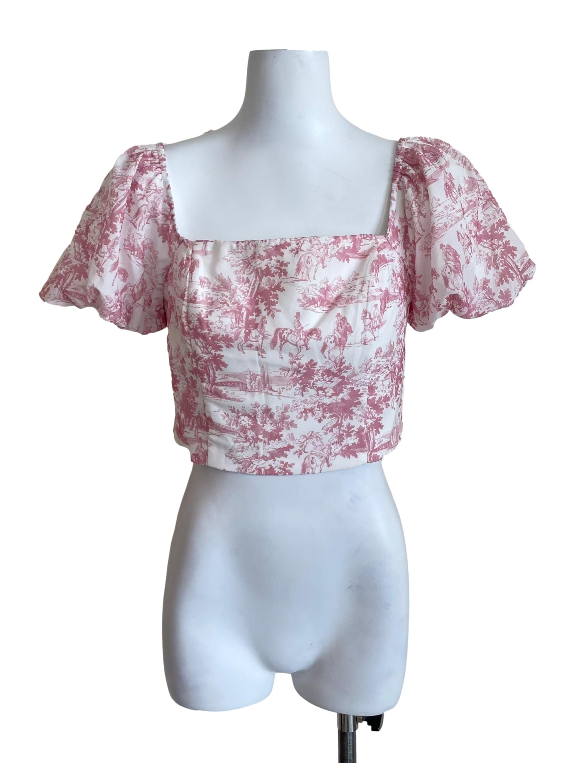 Pink And White Toile De Jouy Puff Sleeve Crop Top