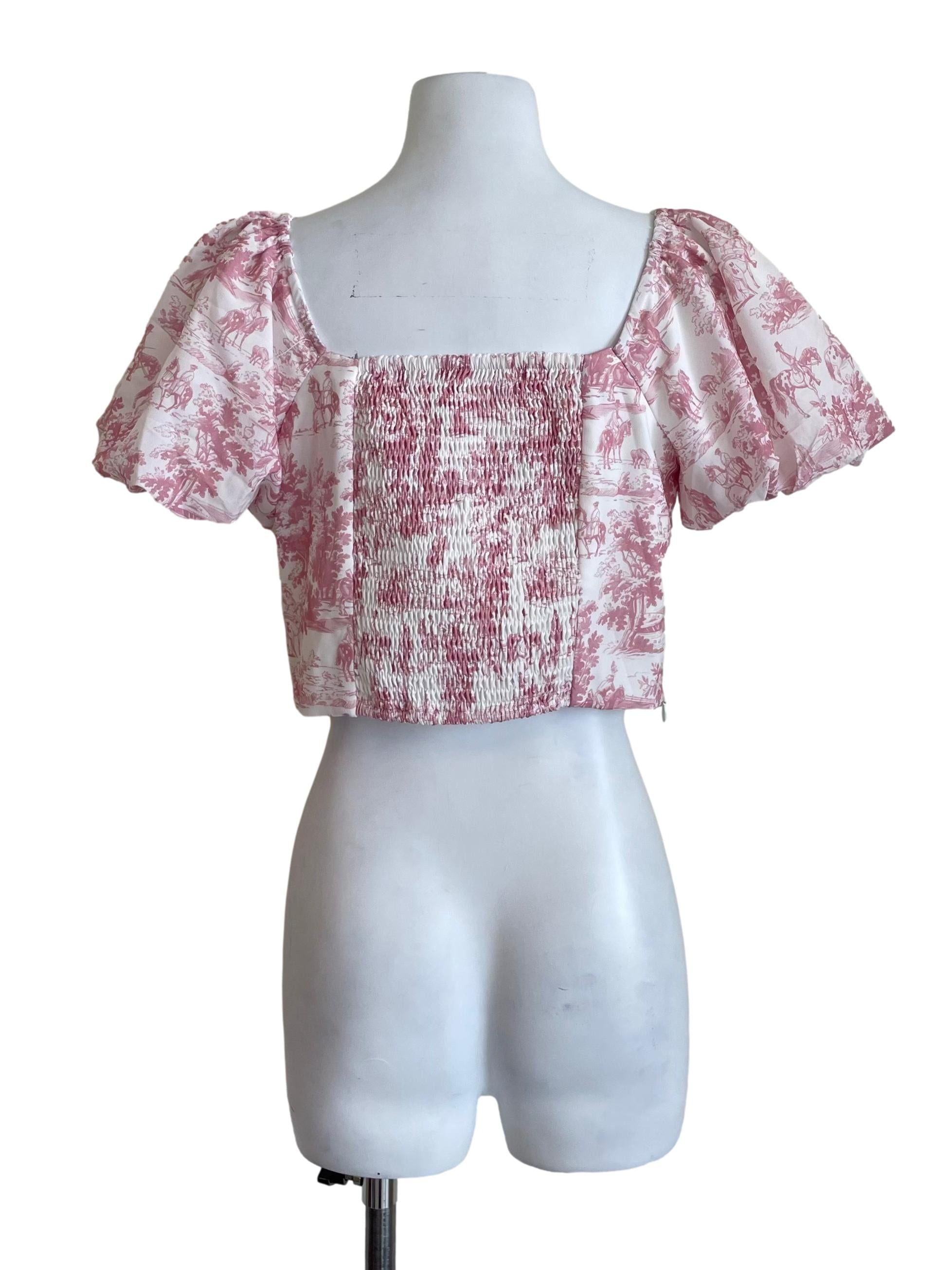 Pink And White Toile De Jouy Puff Sleeve Crop Top