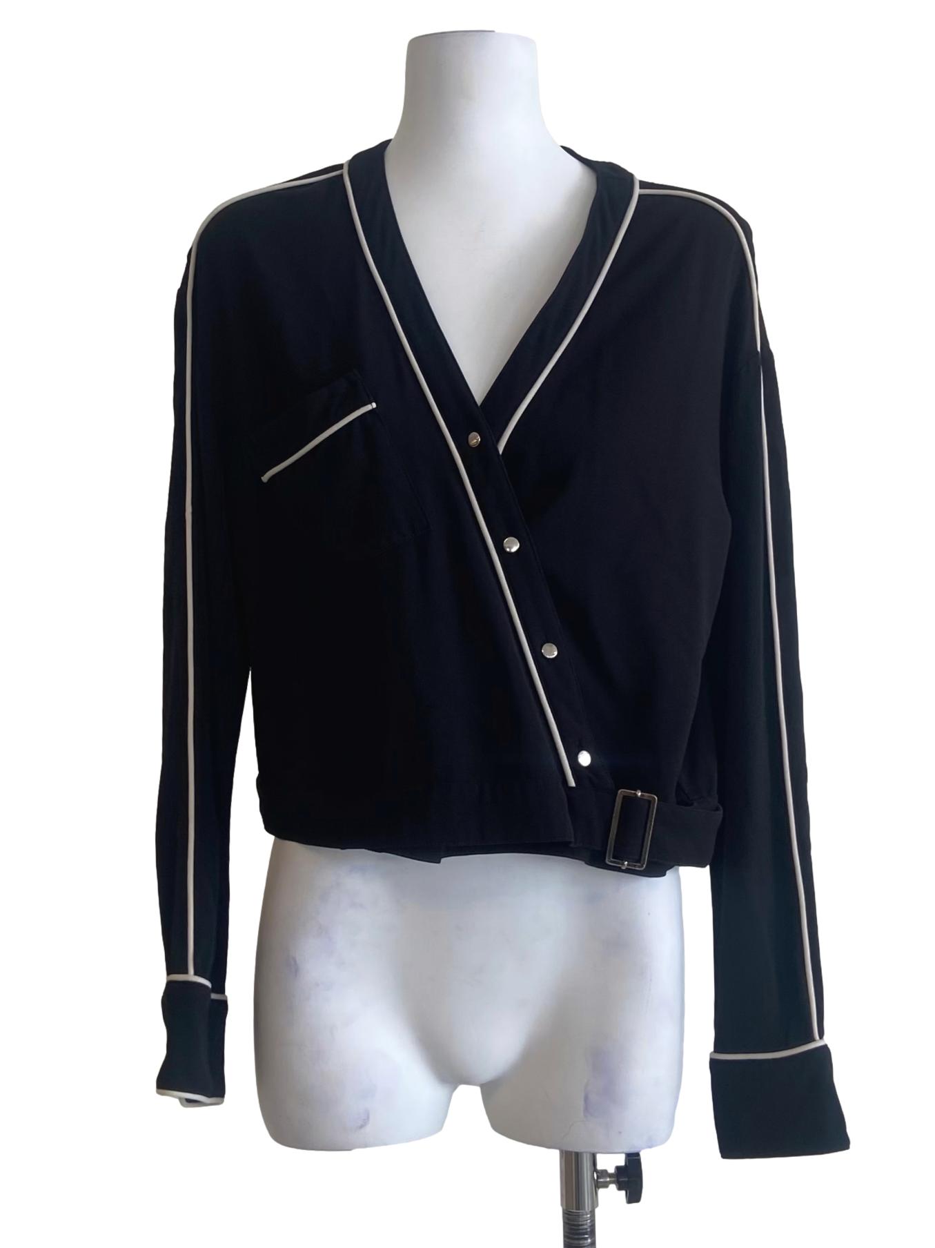 Black V-Neck Asymmetric Button Blouse
