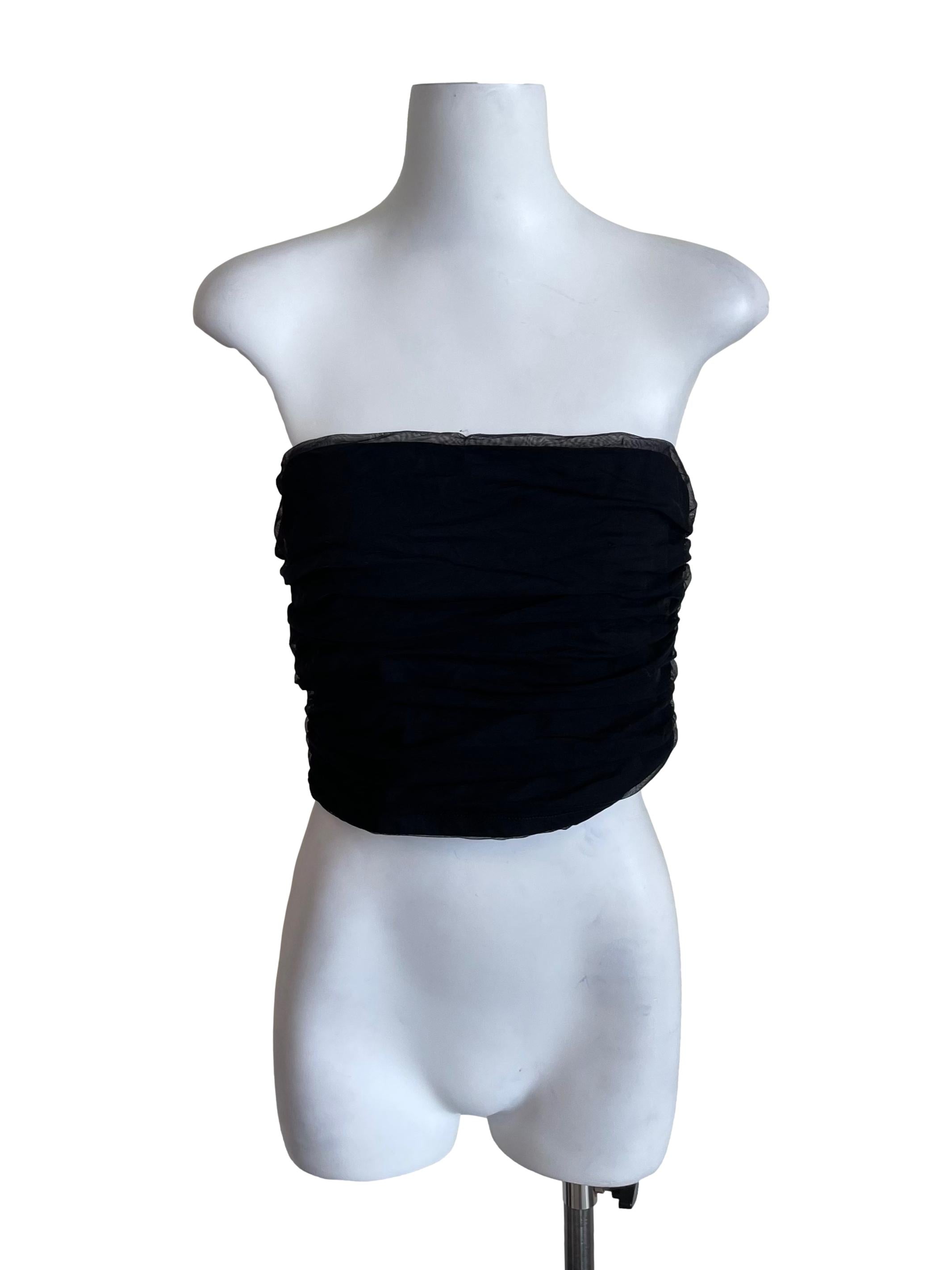 Black Draped Mesh Strapless Top