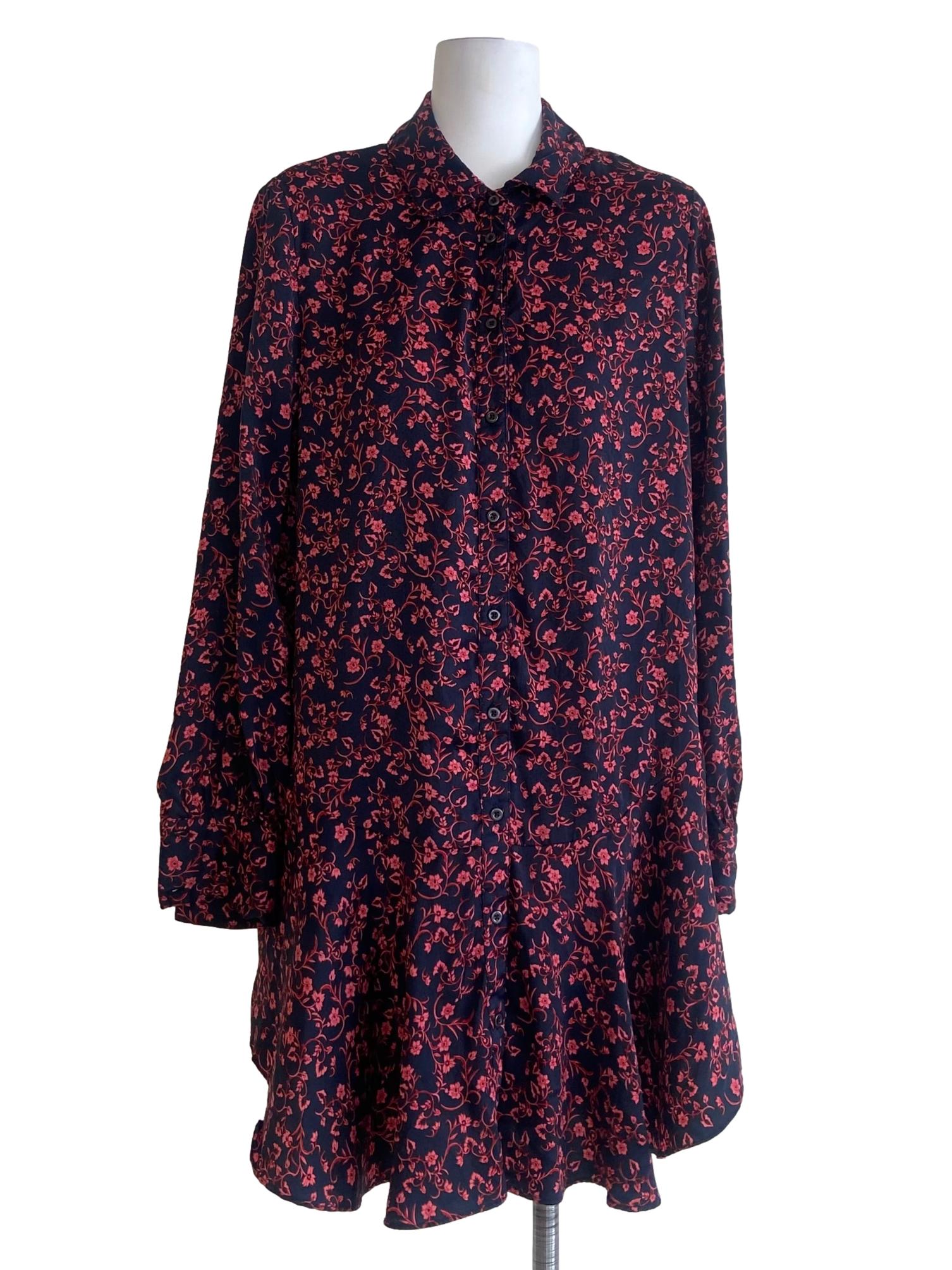 Navy Blue & Pink Floral Button Down Drop Waist Dress