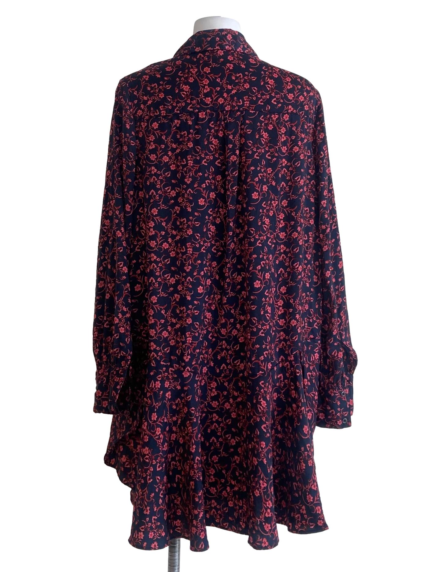 Navy Blue & Pink Floral Button Down Drop Waist Dress