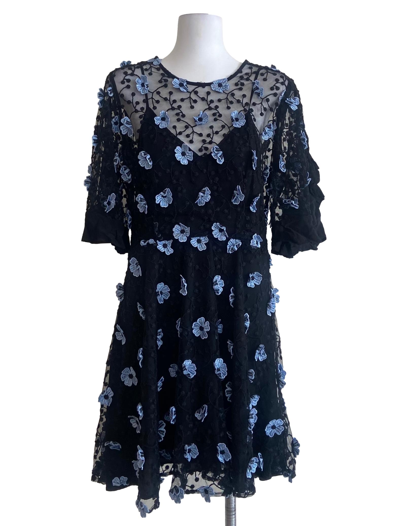 Black &  Blue Floral Lace A-Line Dress