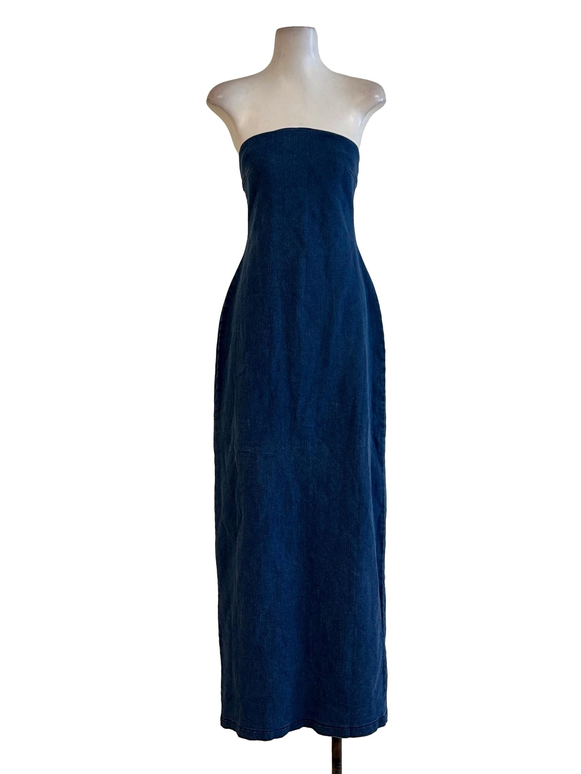 Blue Denim Strapless Midi  Dress